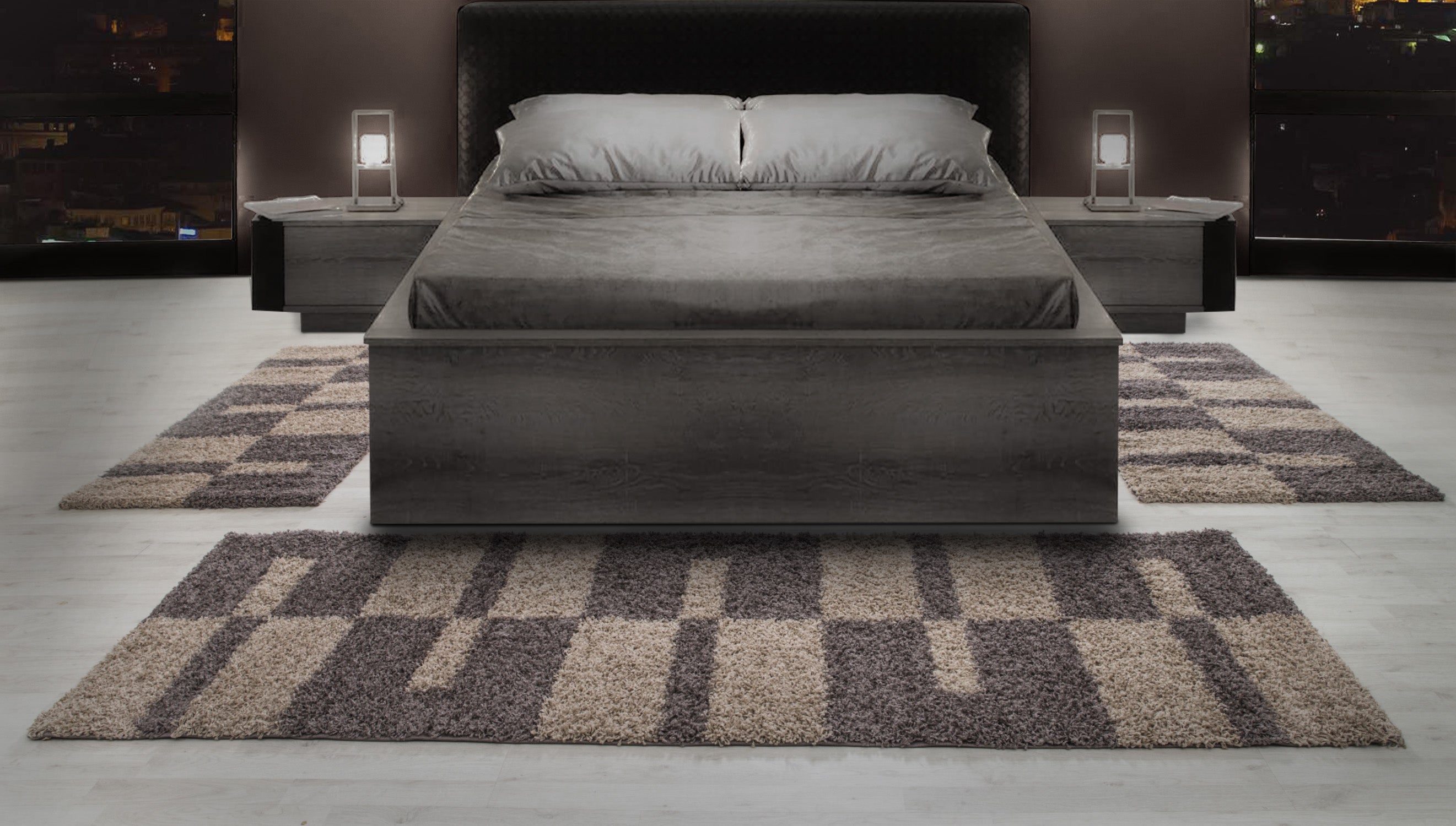 Bettumrandung Hochflor Shaggy Teppich Läuferset 3 teilig Kariert Taupe Beige