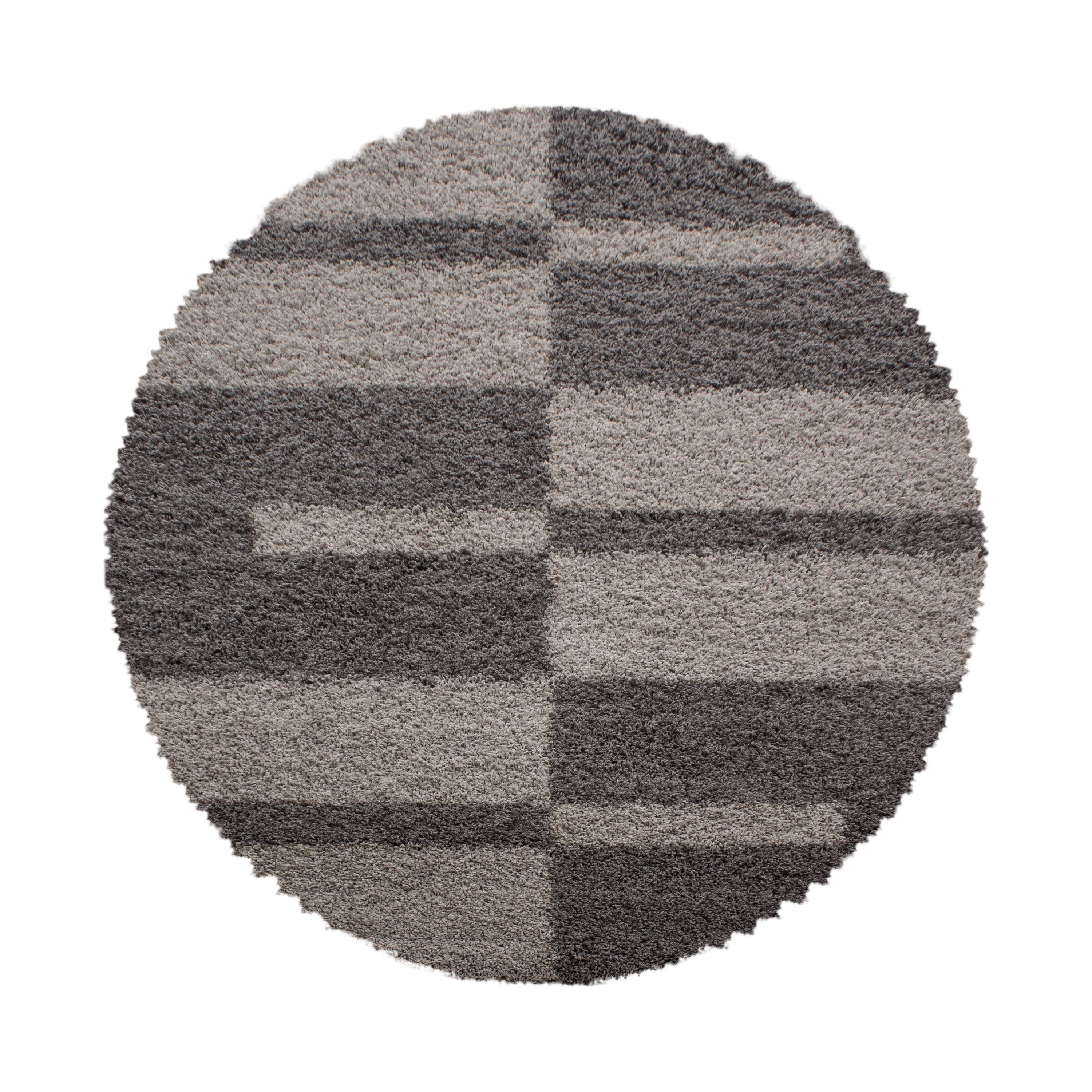 Designer Shaggy Rug Round Modern Checked Design Deep Pile Rug Living Room