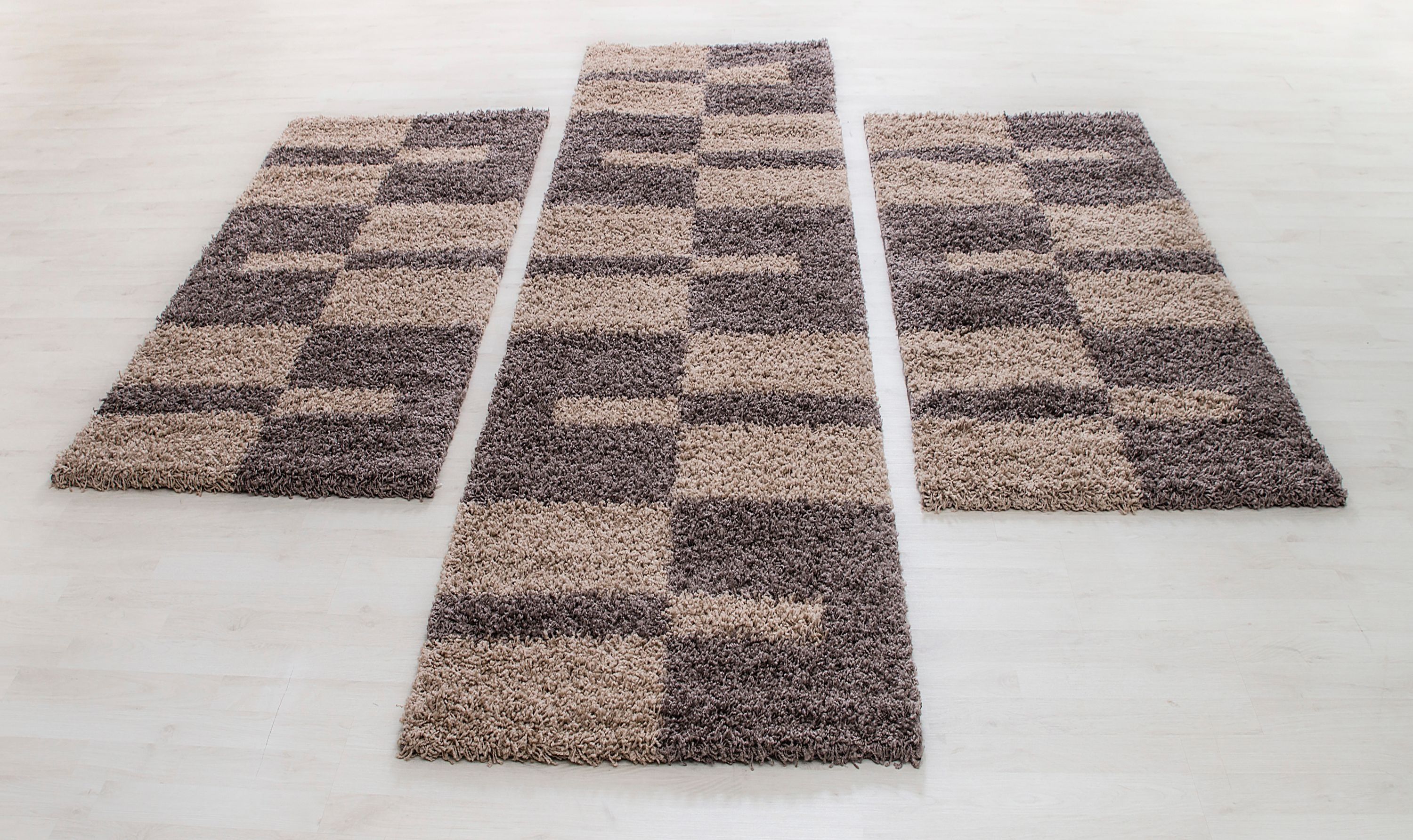 Bettumrandung Hochflor Shaggy Teppich Läuferset 3 teilig Kariert Taupe Beige