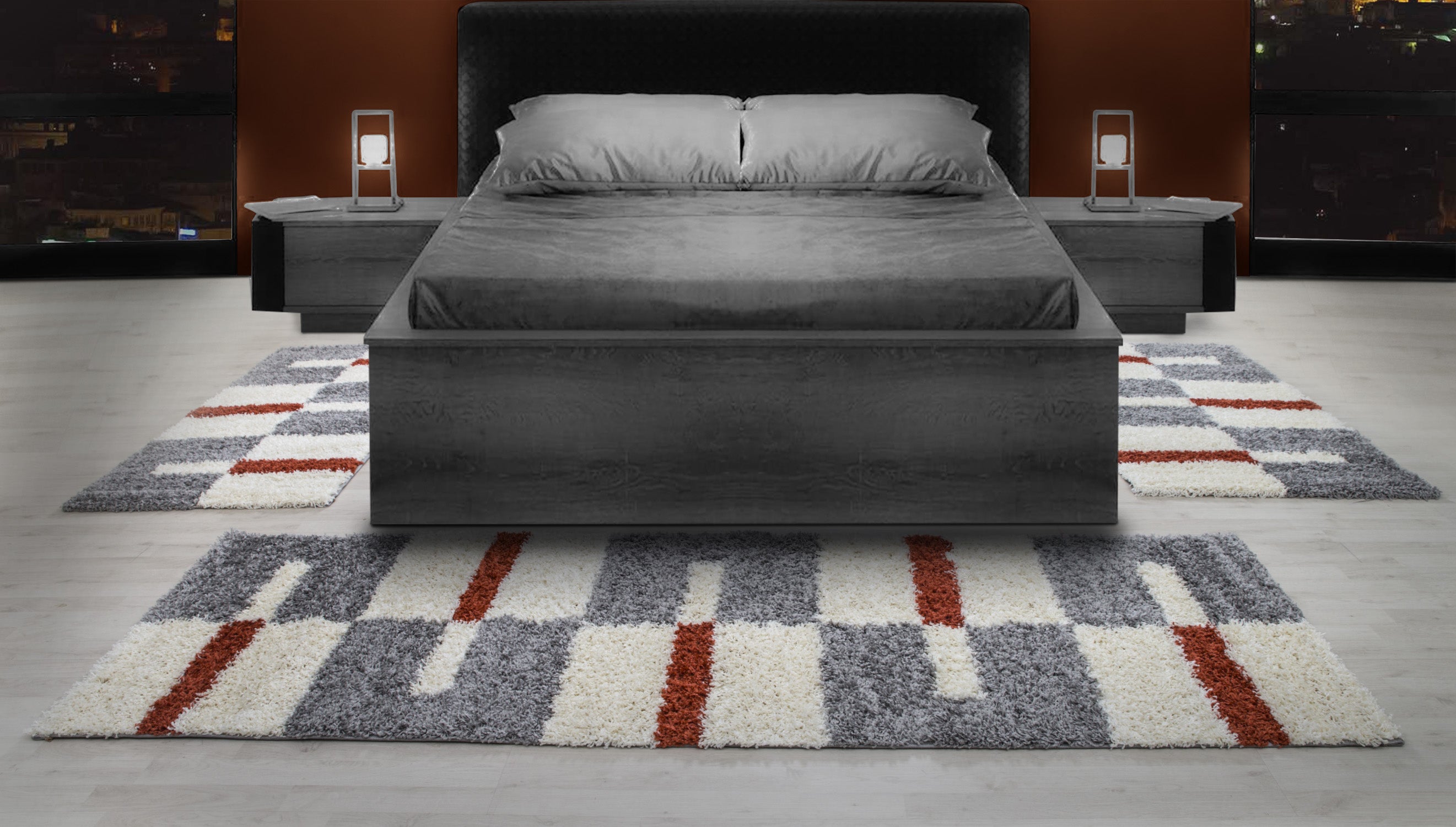 Bordure de lit tapis shaggy à poils longs ensemble de 3 pièces à carreaux gris terra blanc