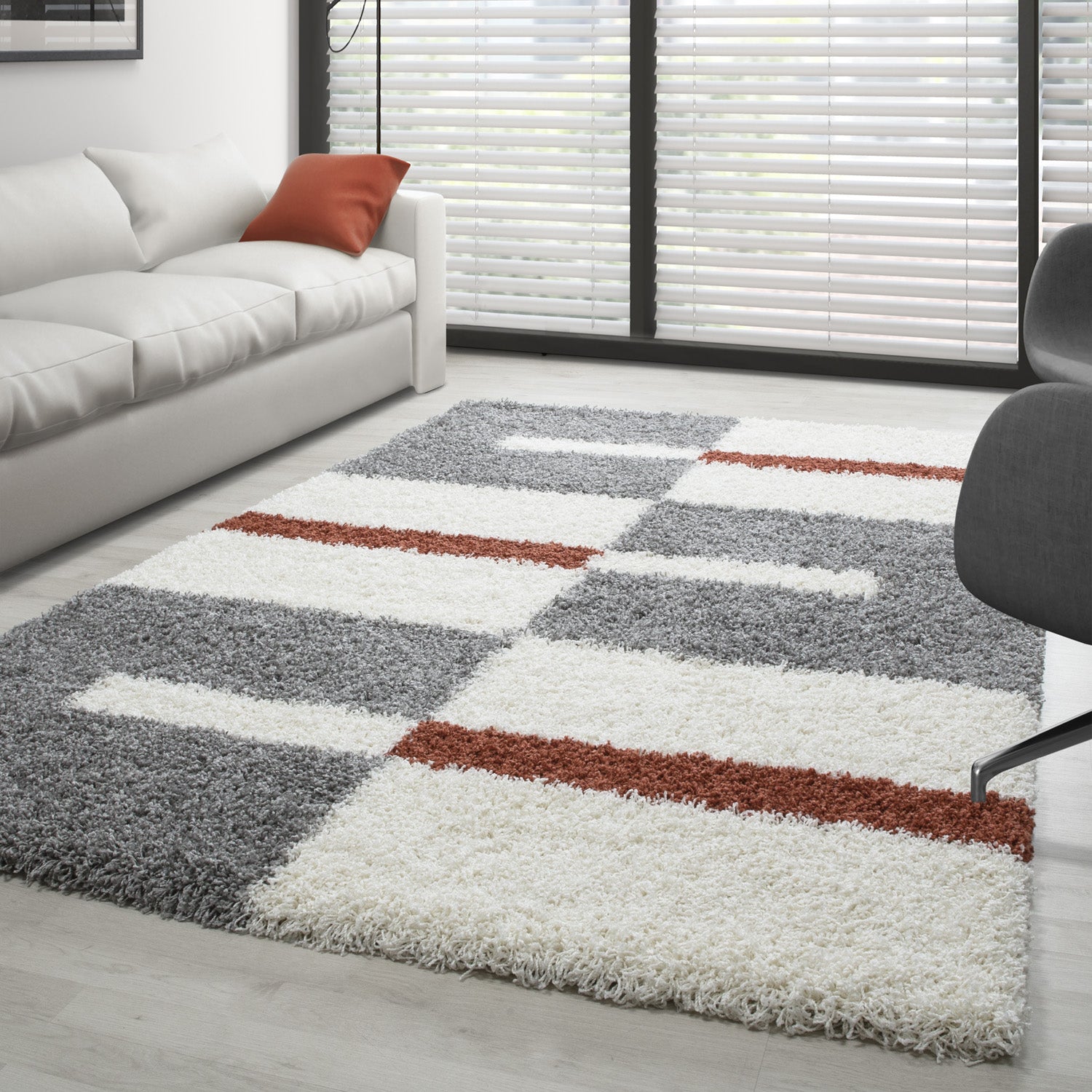 Designer Hochflor Teppich Modern Kariert Design Shaggy Teppich Wohnzimmer