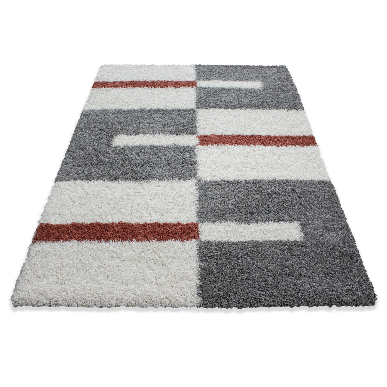 Designer Hochflor Teppich Modern Kariert Design Shaggy Teppich Wohnzimmer
