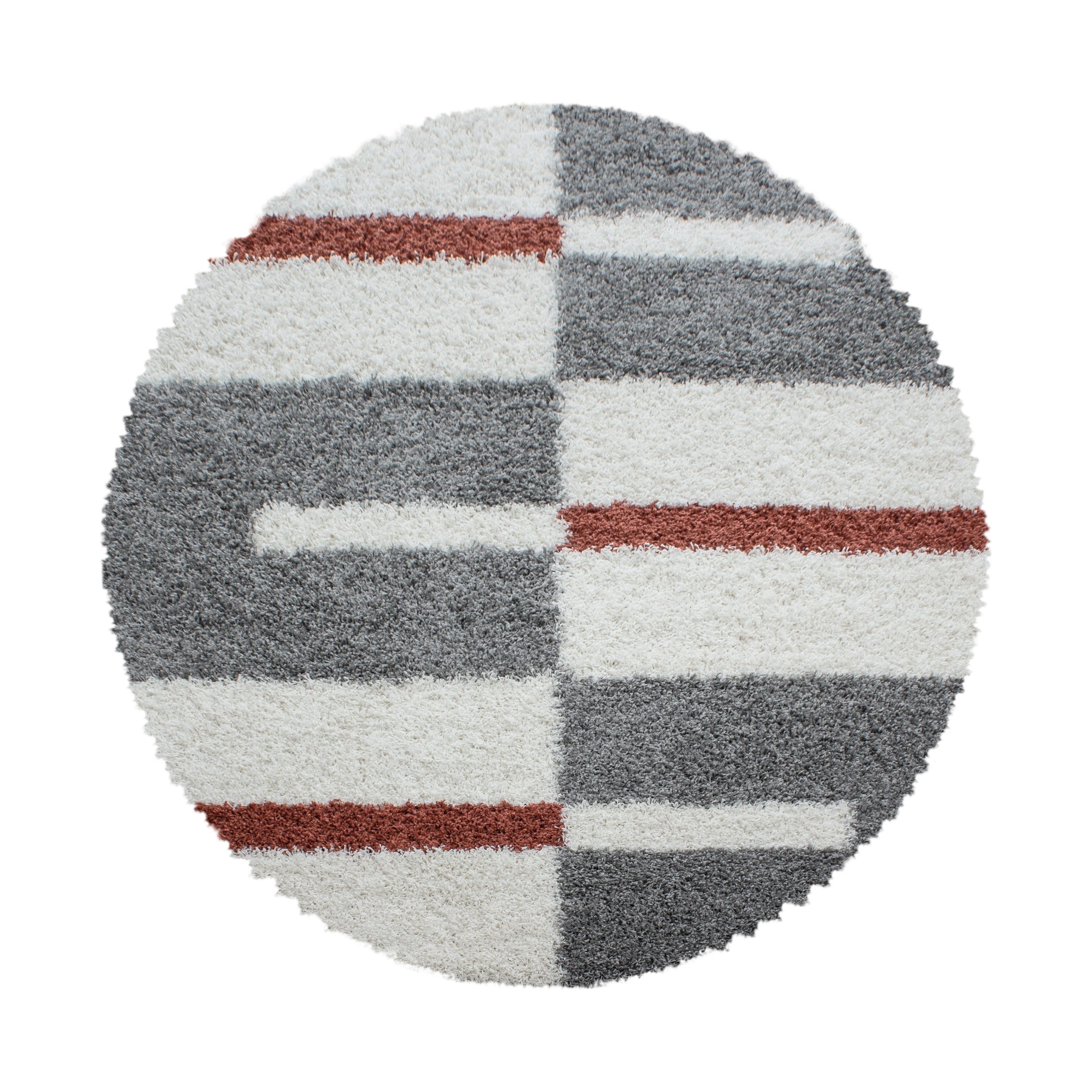 Designer Shaggy Rug Round Modern Checked Design Deep Pile Rug Living Room