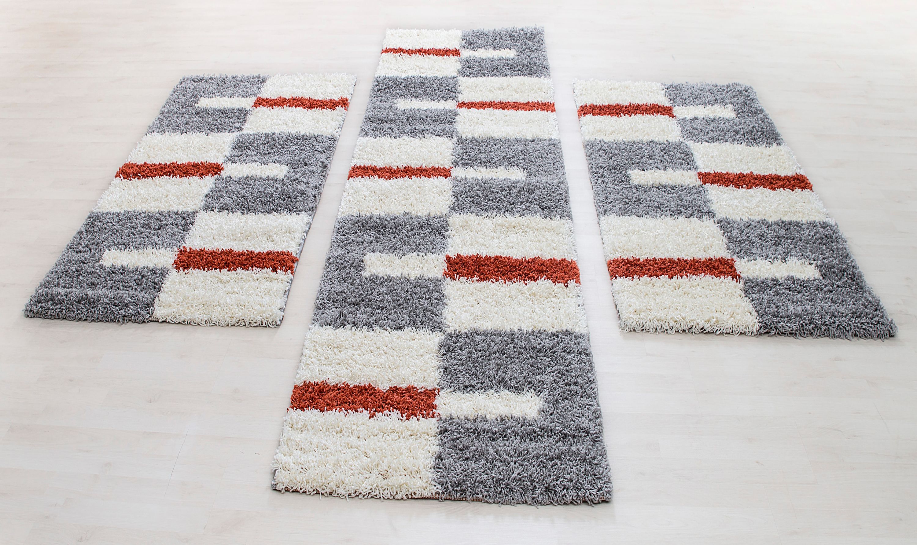 Bordure de lit tapis shaggy à poils longs ensemble de 3 pièces à carreaux gris terra blanc