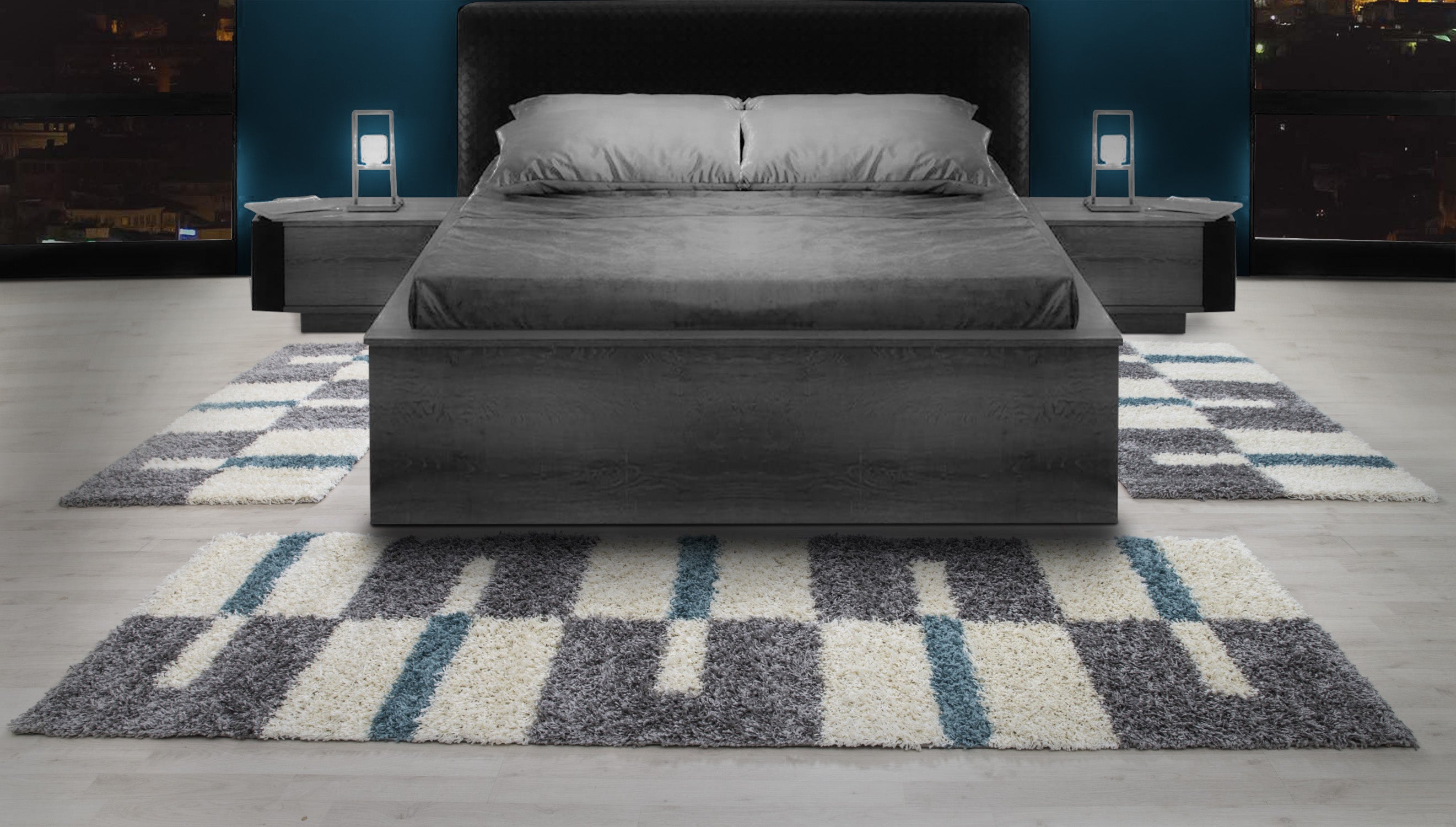 Bordure de lit tapis shaggy à poils longs, ensemble de 3 pièces à carreaux gris bleu blanc