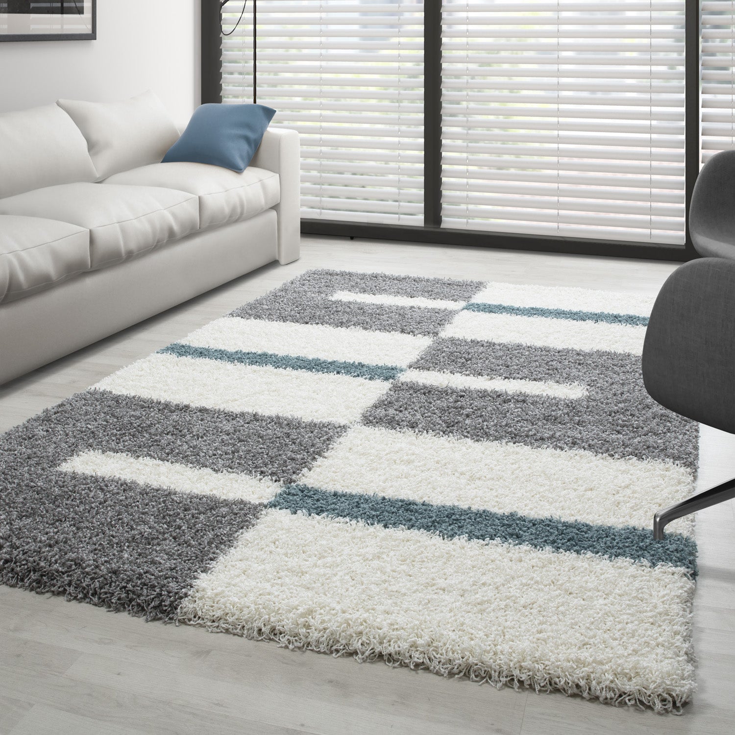 Designer Hochflor Teppich Modern Kariert Design Shaggy Teppich Wohnzimmer