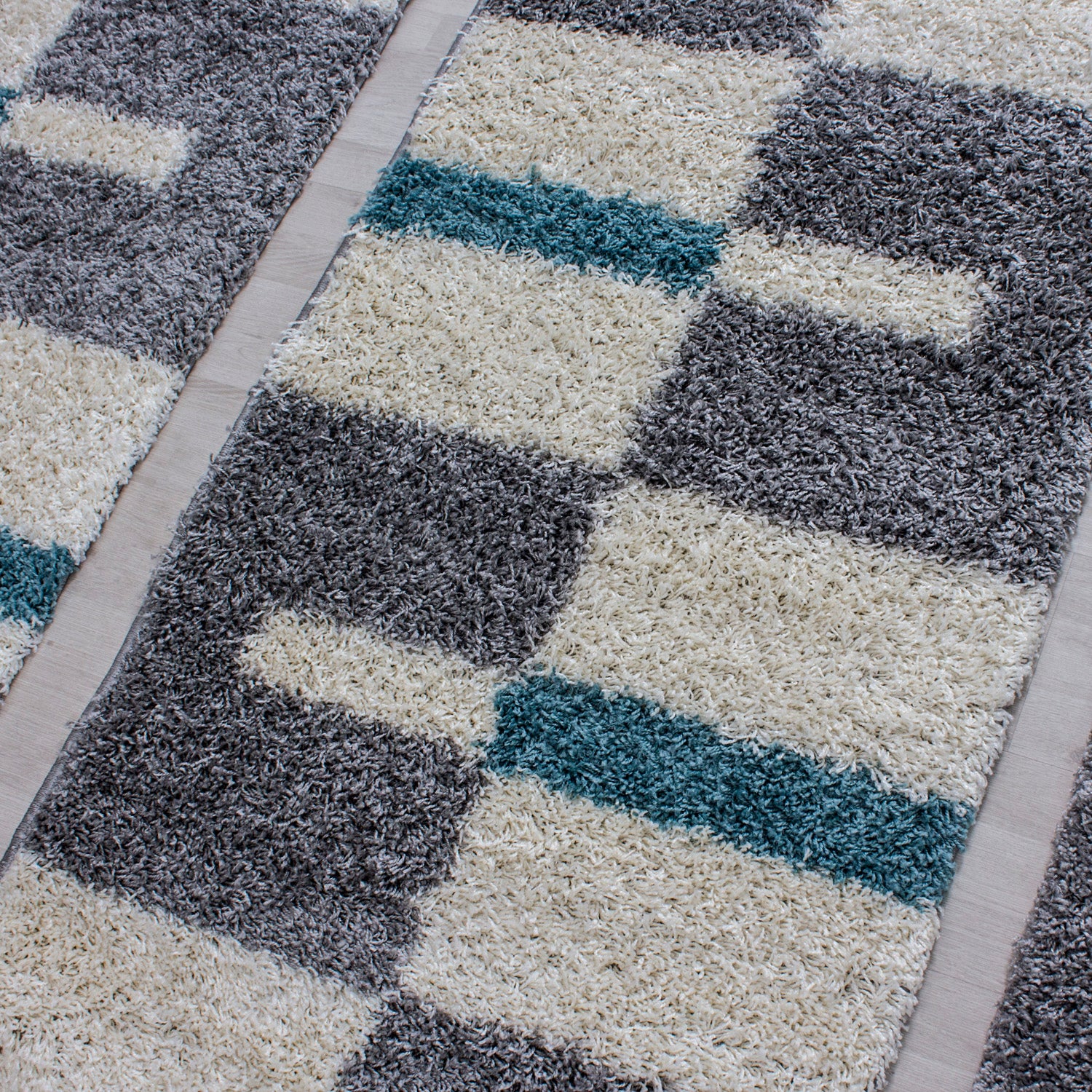 Bed border high pile shaggy rug runner set 3 pieces checked gray blue white