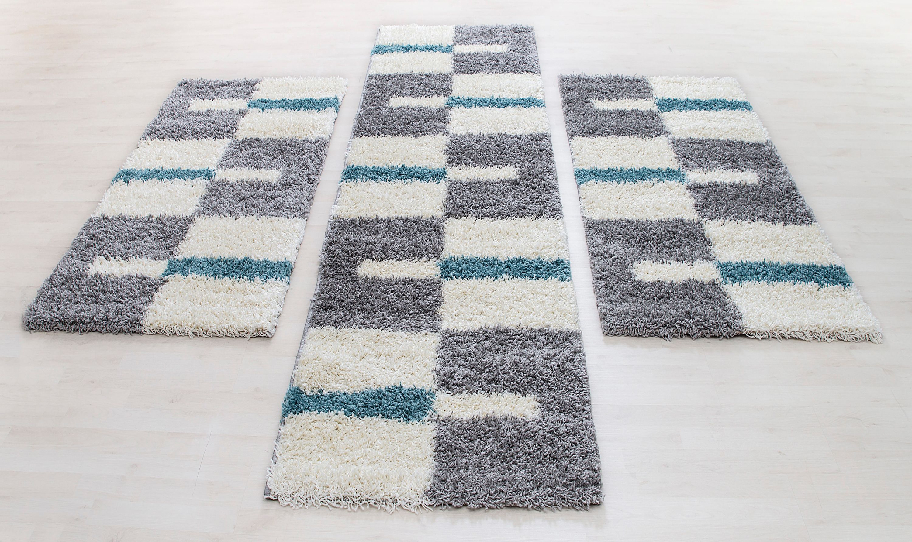 Bordure de lit tapis shaggy à poils longs, ensemble de 3 pièces à carreaux gris bleu blanc