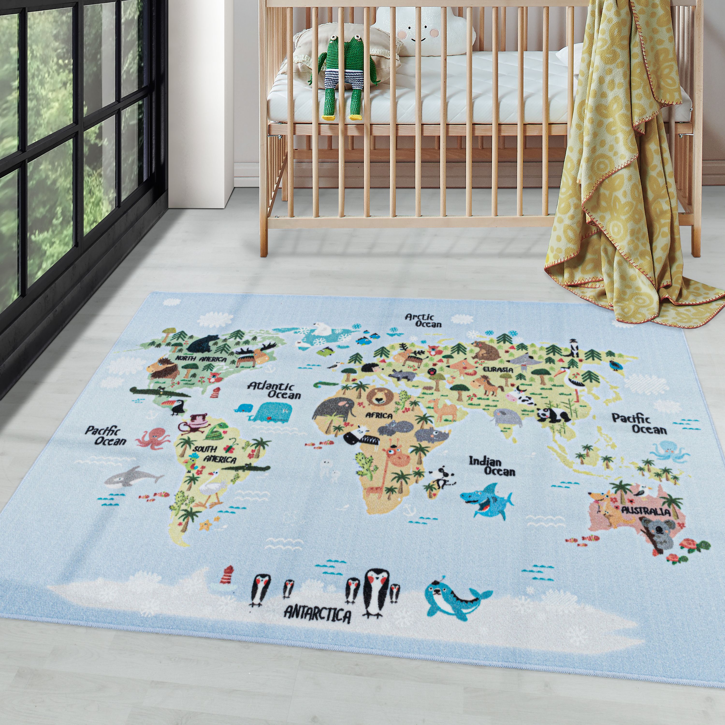 Tapis pour enfants garçons ou filles carte du monde tapis de jeu design animal antidérapant