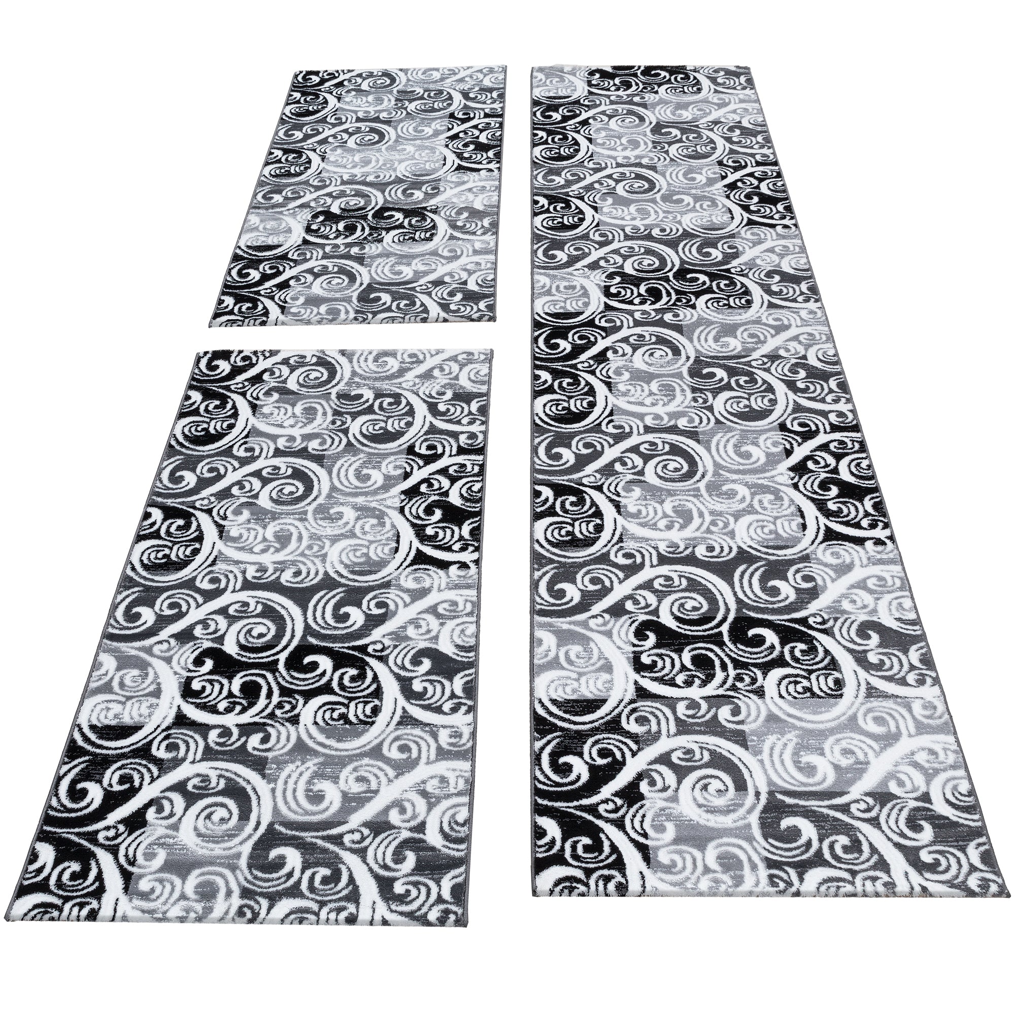 Tapis à poils ras 3 pièces bordure de lit à motifs gris chiné blanc noir