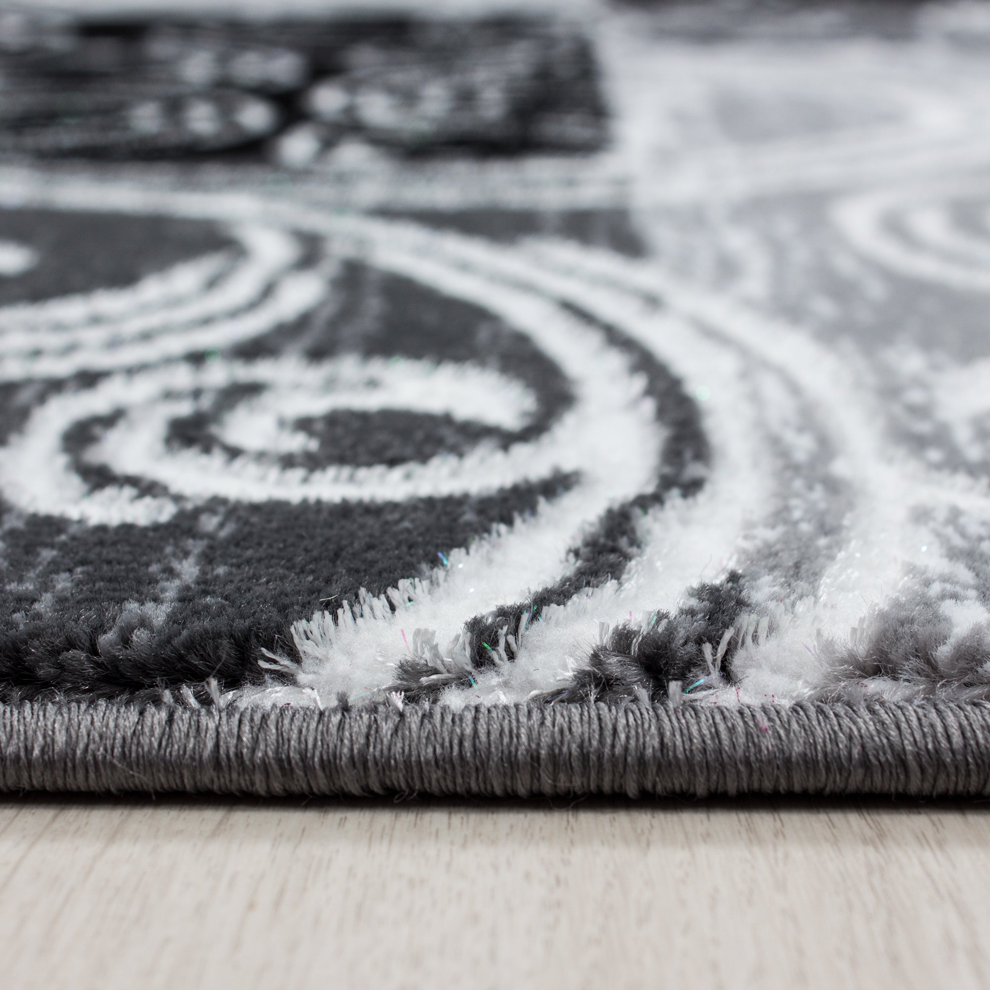 Tapis à poils ras 3 pièces bordure de lit à motifs gris chiné blanc noir