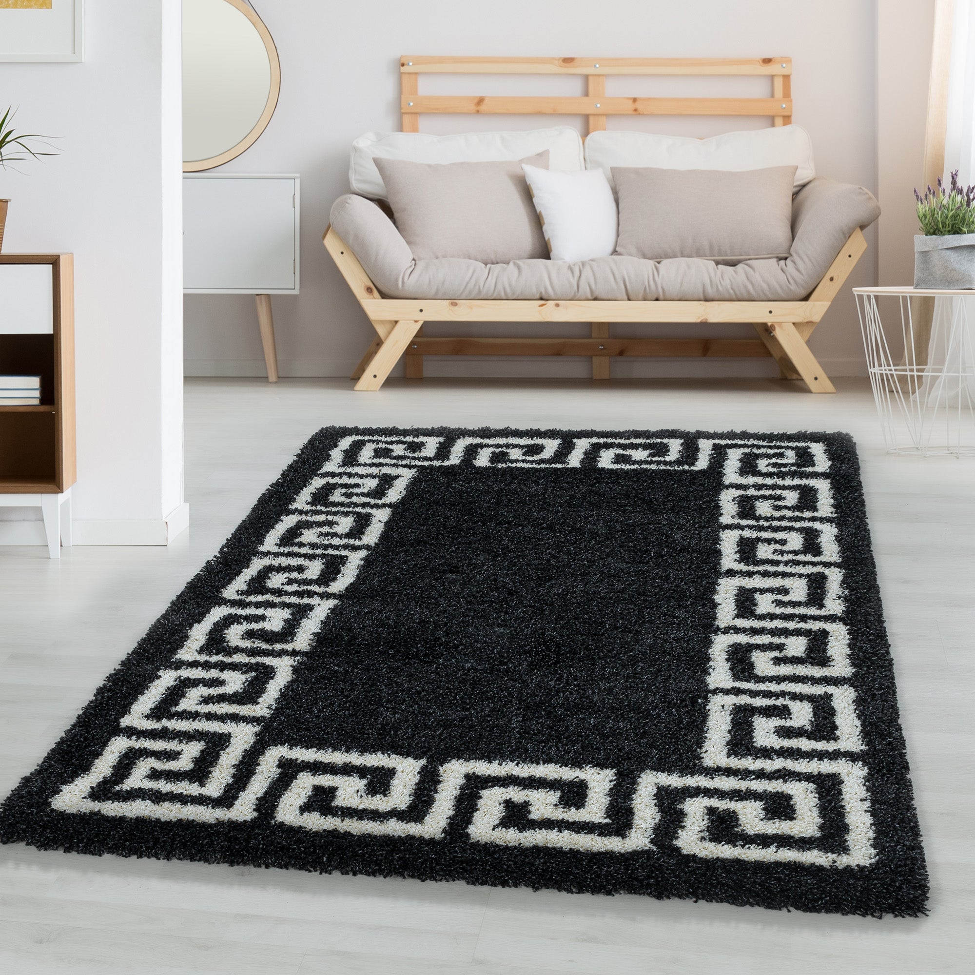 Designer Hochflor Teppich Wohnzimmer Mäander-Design Langflor Shaggy Teppich