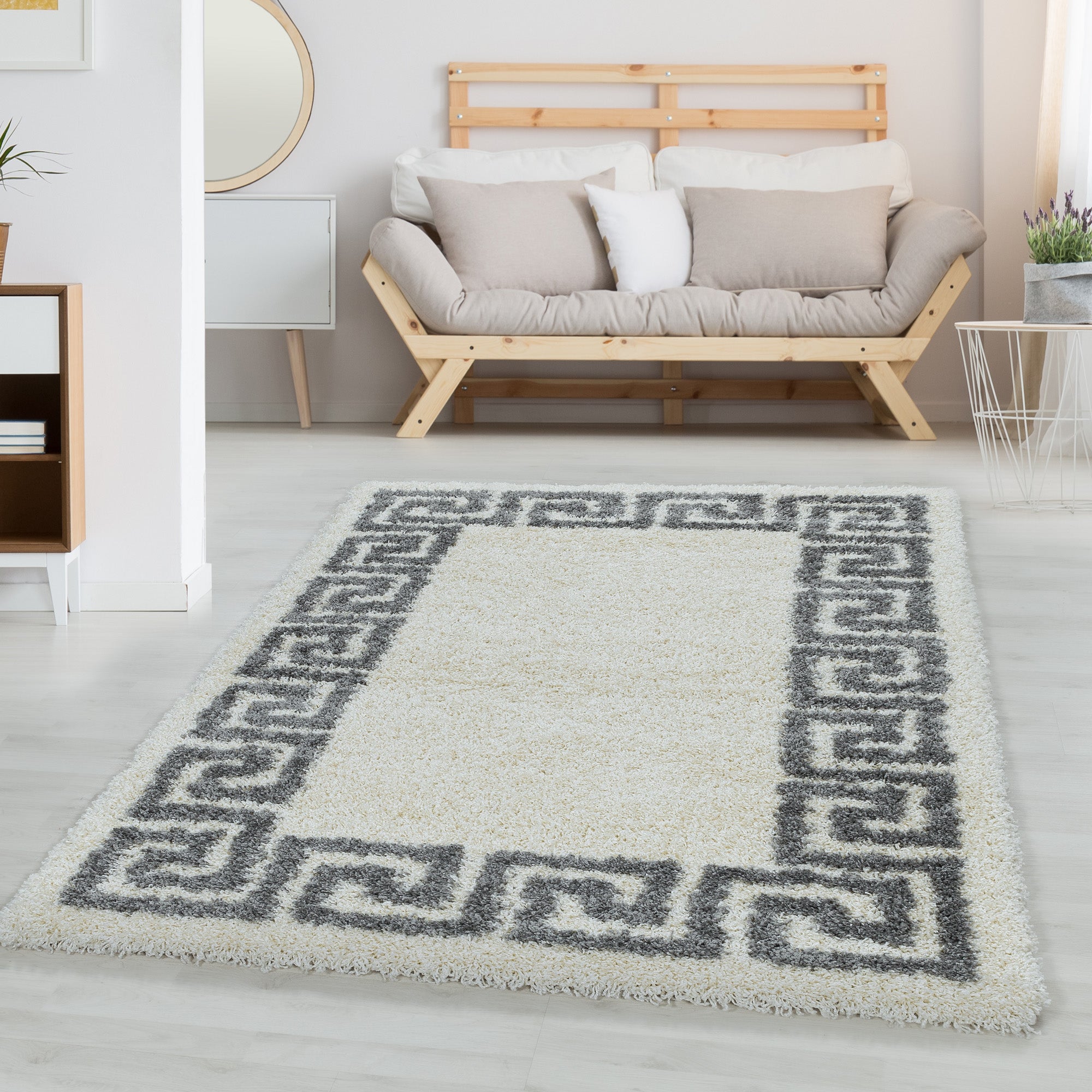 Designer Hochflor Teppich Wohnzimmer Mäander-Design Langflor Shaggy Teppich