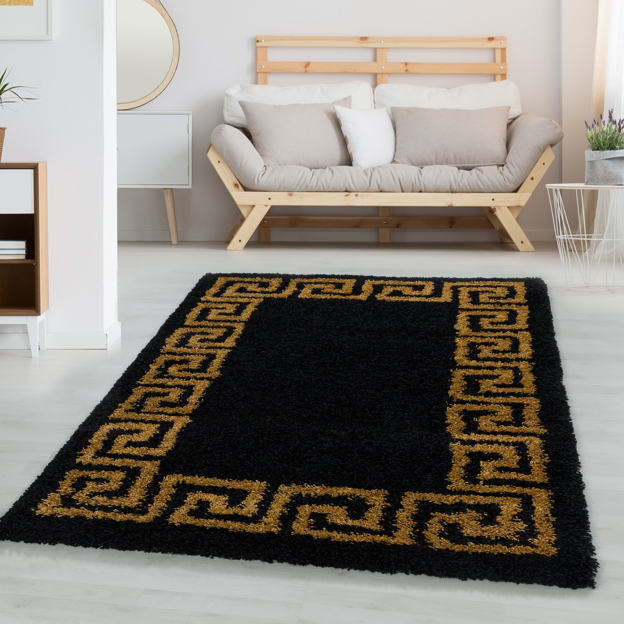 Designer Hochflor Teppich Wohnzimmer Mäander-Design Langflor Shaggy Teppich