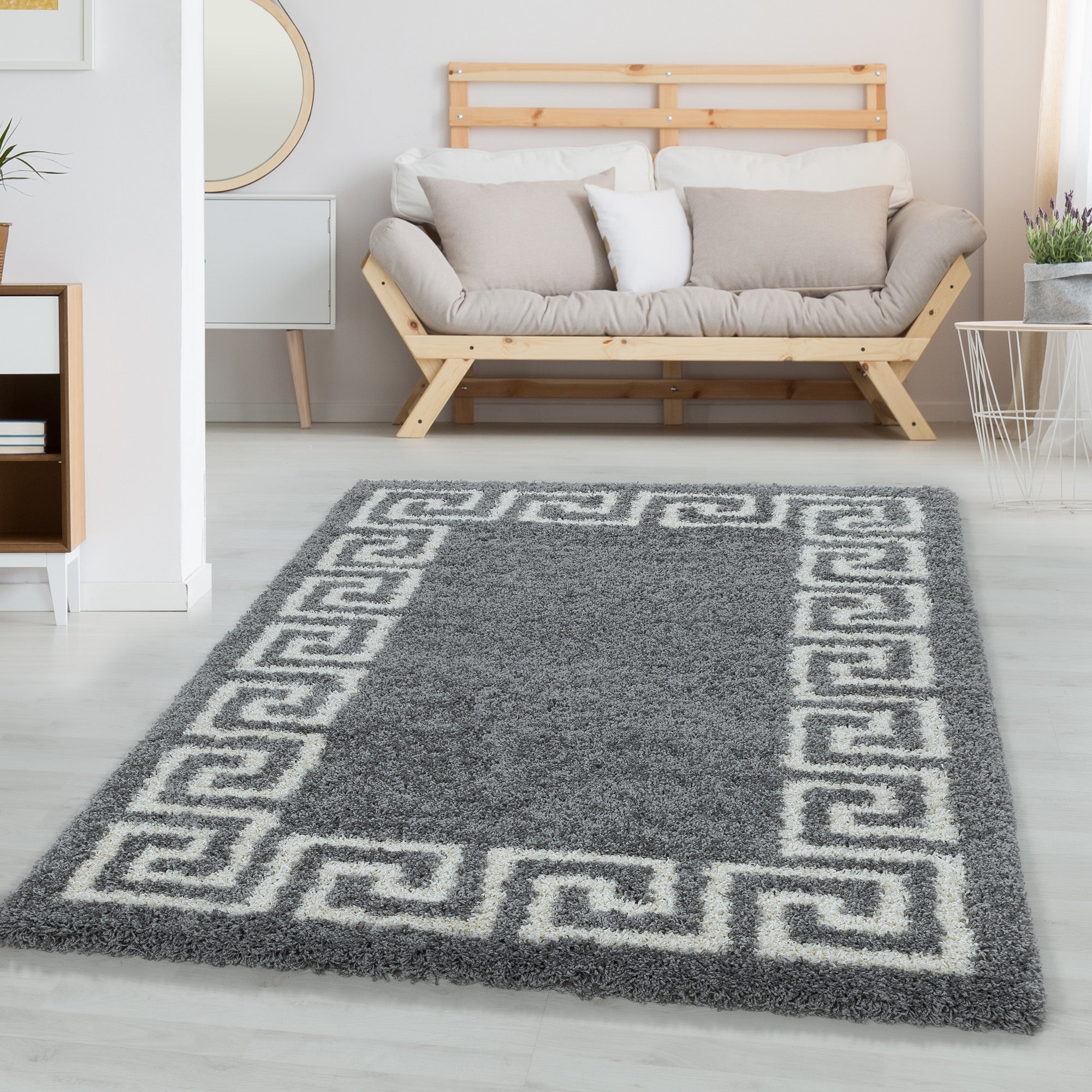 Designer Hochflor Teppich Wohnzimmer Mäander-Design Langflor Shaggy Teppich