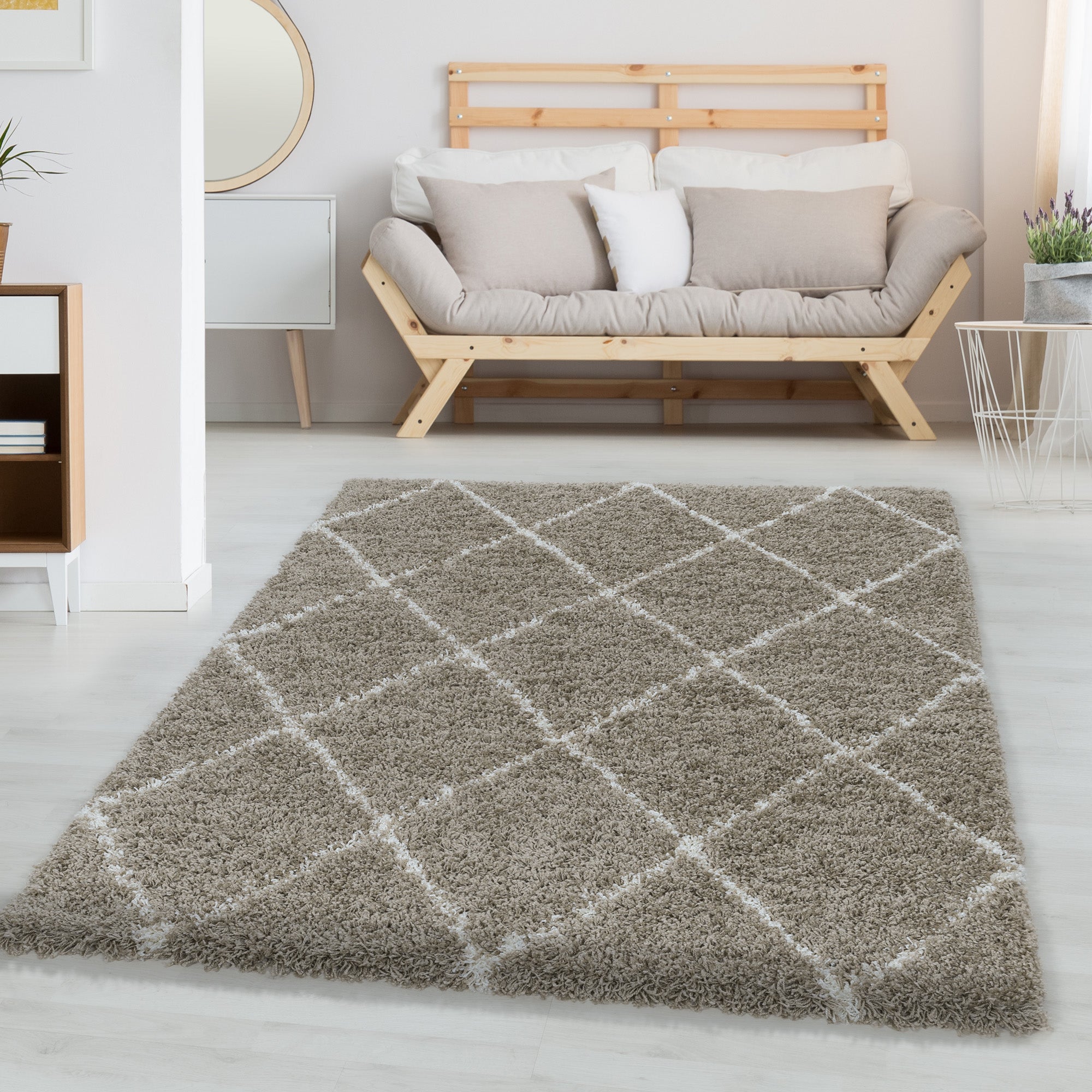 Hochflor Teppich Skandinavische Rauten Design Shaggy Teppich Wohnzimmer