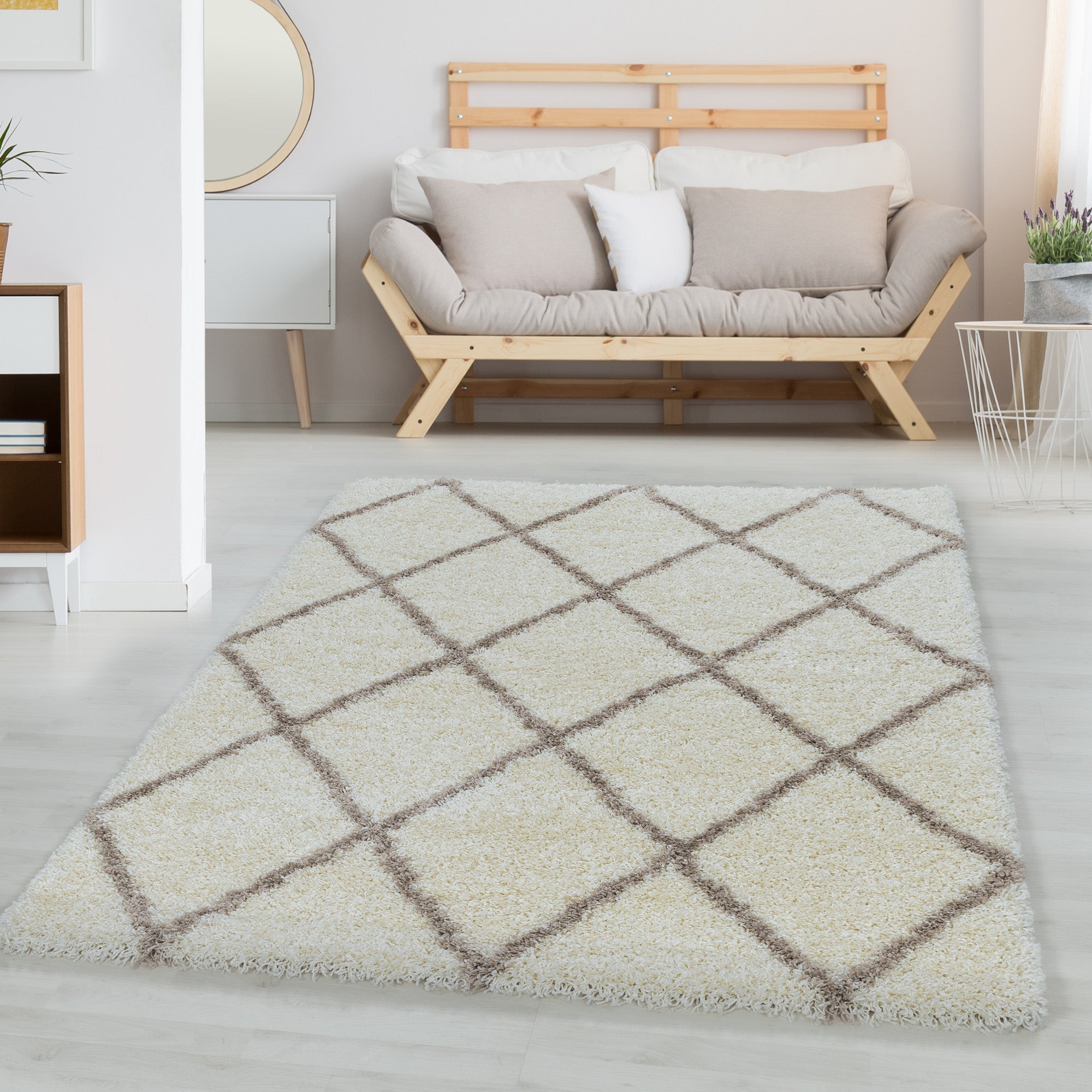 Hochflor Teppich Skandinavische Rauten Design Shaggy Teppich Wohnzimmer