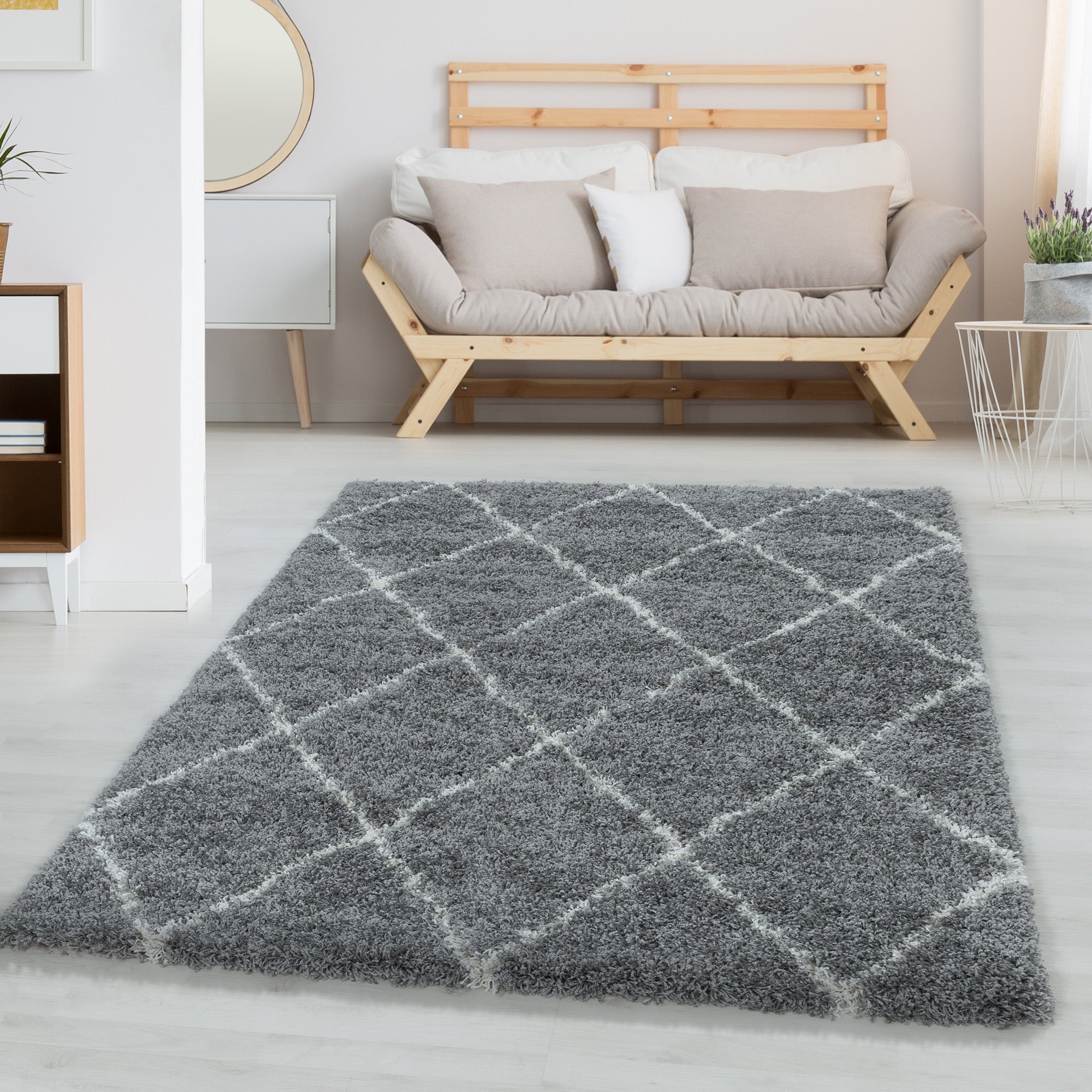 Hochflor Teppich Skandinavische Rauten Design Shaggy Teppich Wohnzimmer