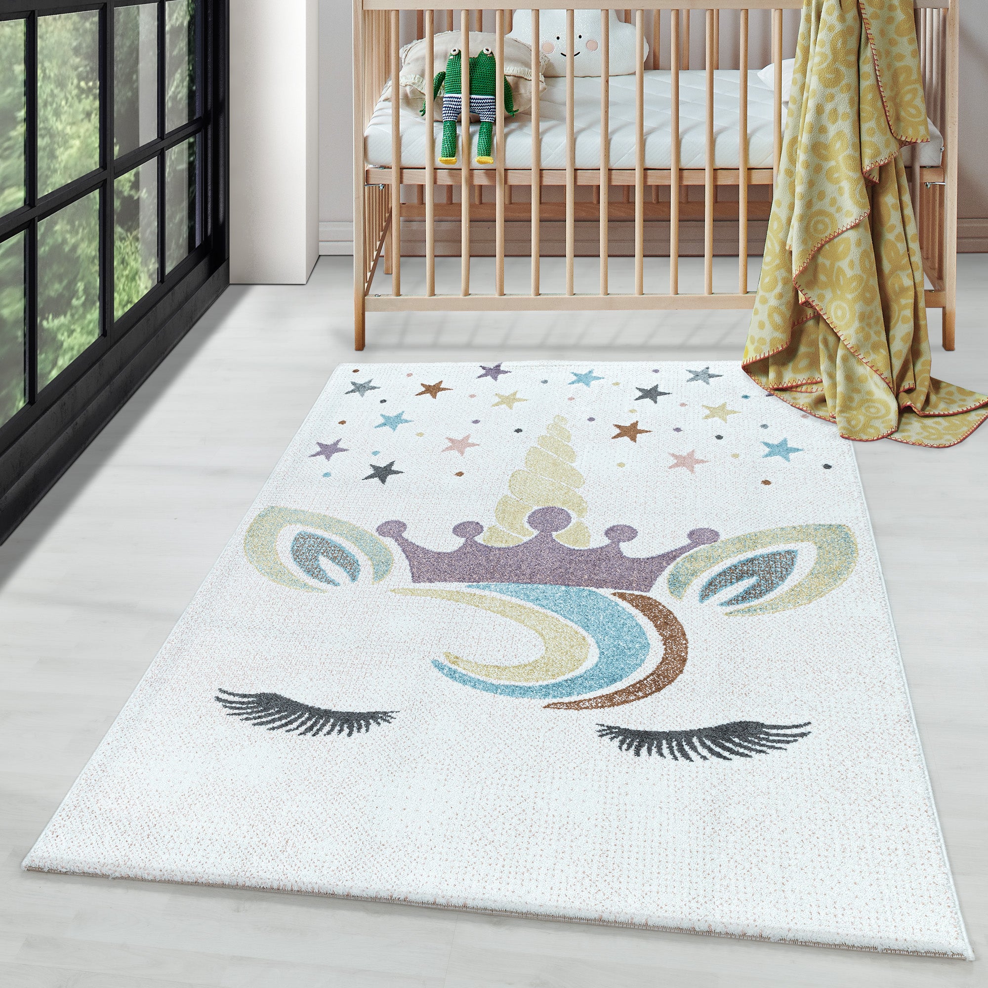 Kinderteppich Einhorn-Design Weiß Pflegeleicht Teppich Kinderzimmer