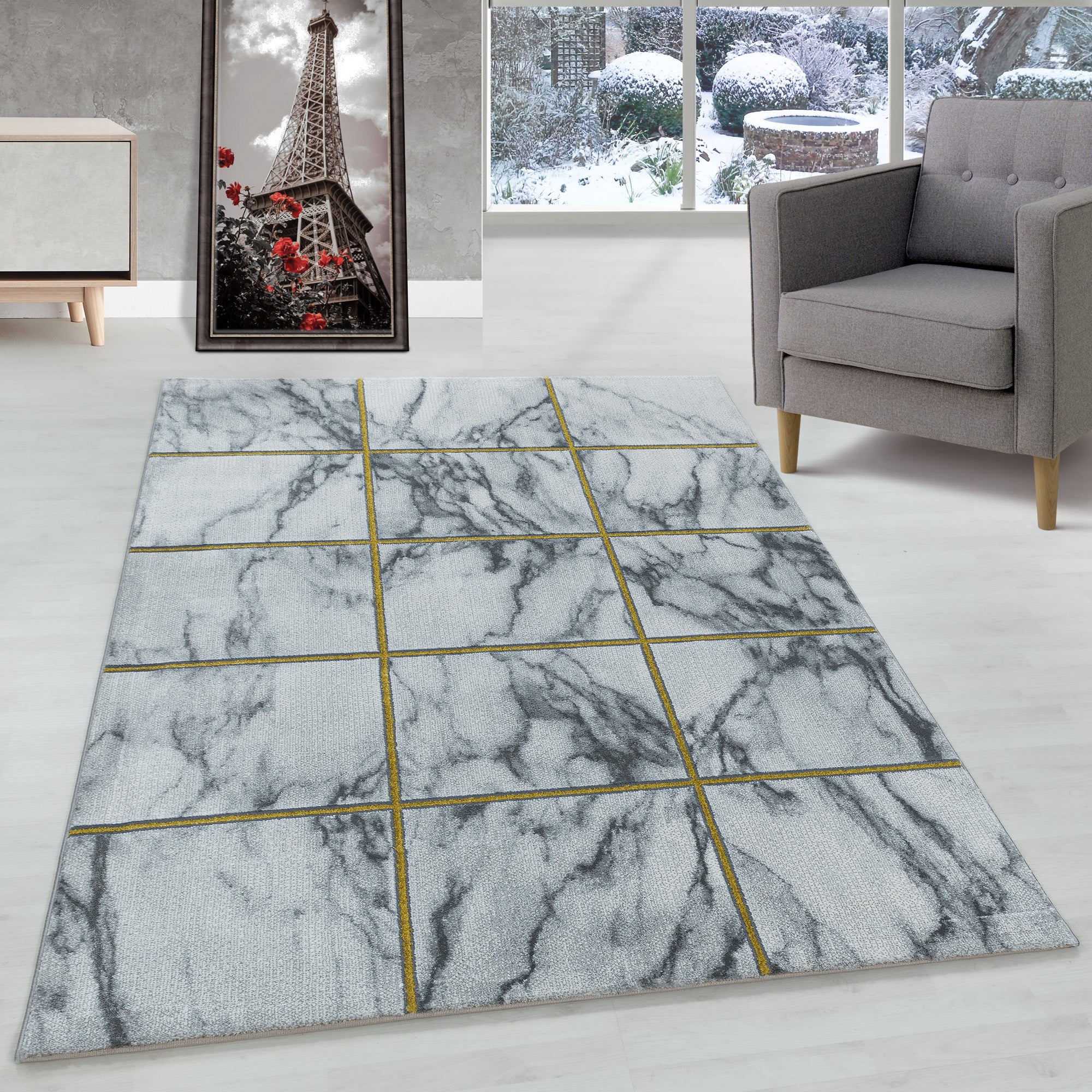 Teppich Wohnzimmer Skandinavisch Design Teppich Marmor Optik mit Glanzfasern