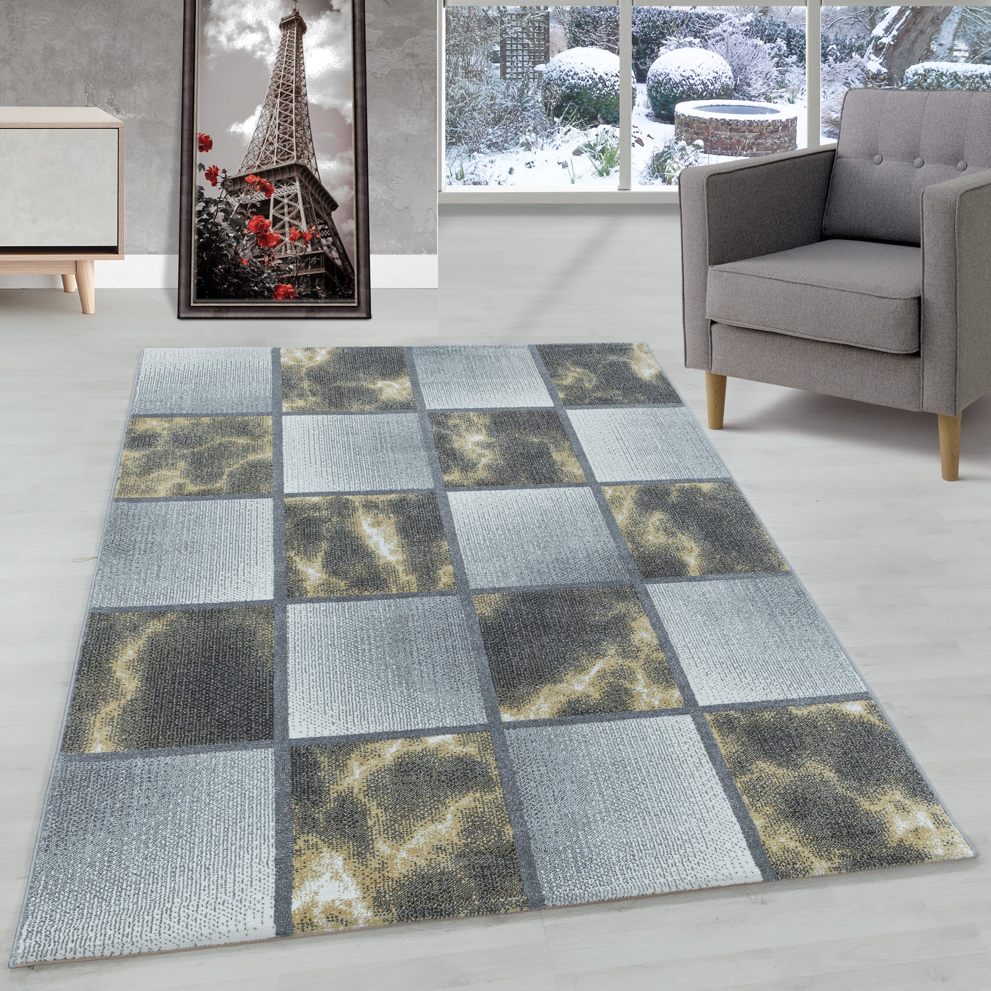 Modern Designer Wohnzimmer Teppich Weicher Kurzflor Kariert Design Robust