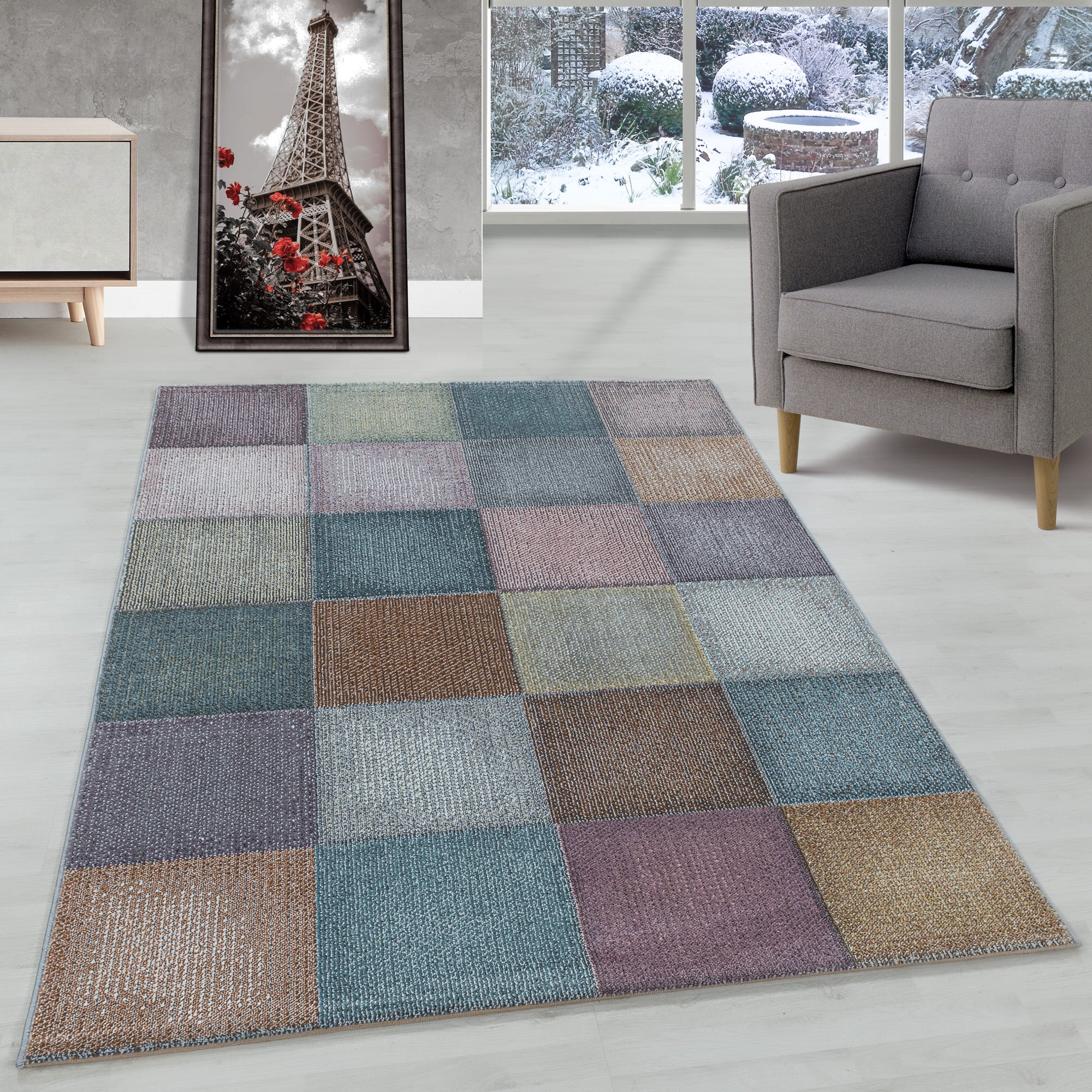 Modern Designer Wohnzimmer Teppich Weicher Kurzflor Kariert Design Robust