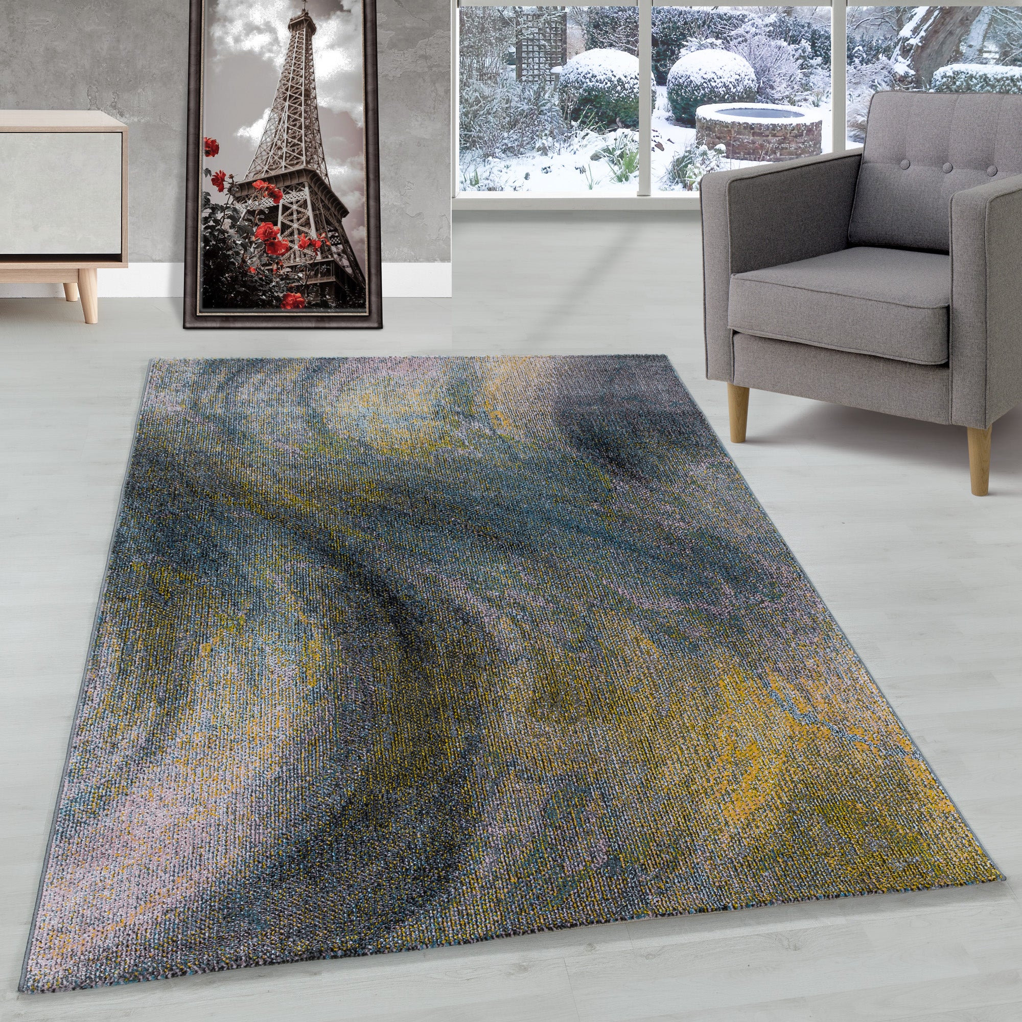 Modern Designer Wohnzimmer Teppich Weich Kurzflor Abstrakt Wellen Design Robust