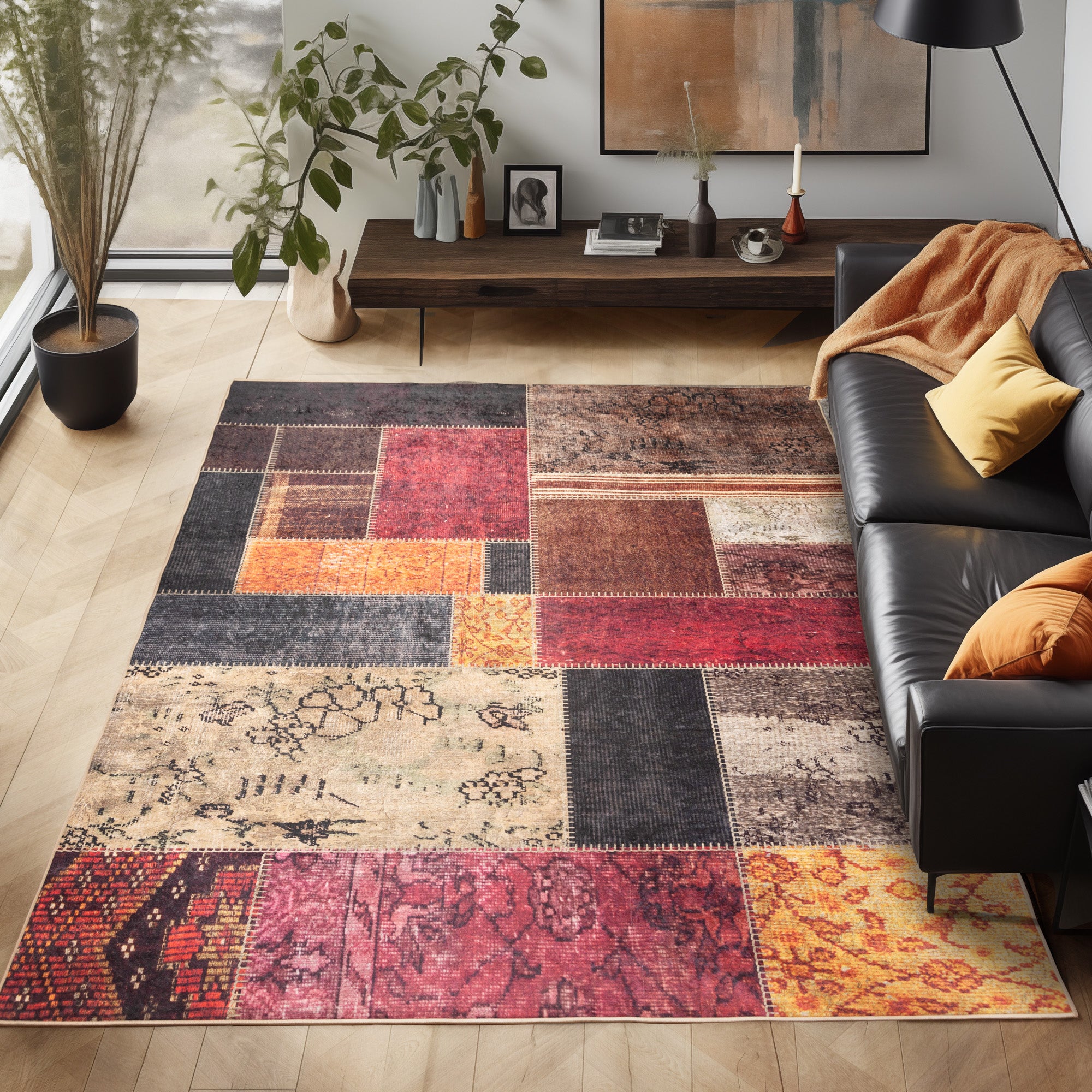 Waschbarer Teppich Wohnzimmer Flachgewebe Robust Patchwork Design Rutschfest
