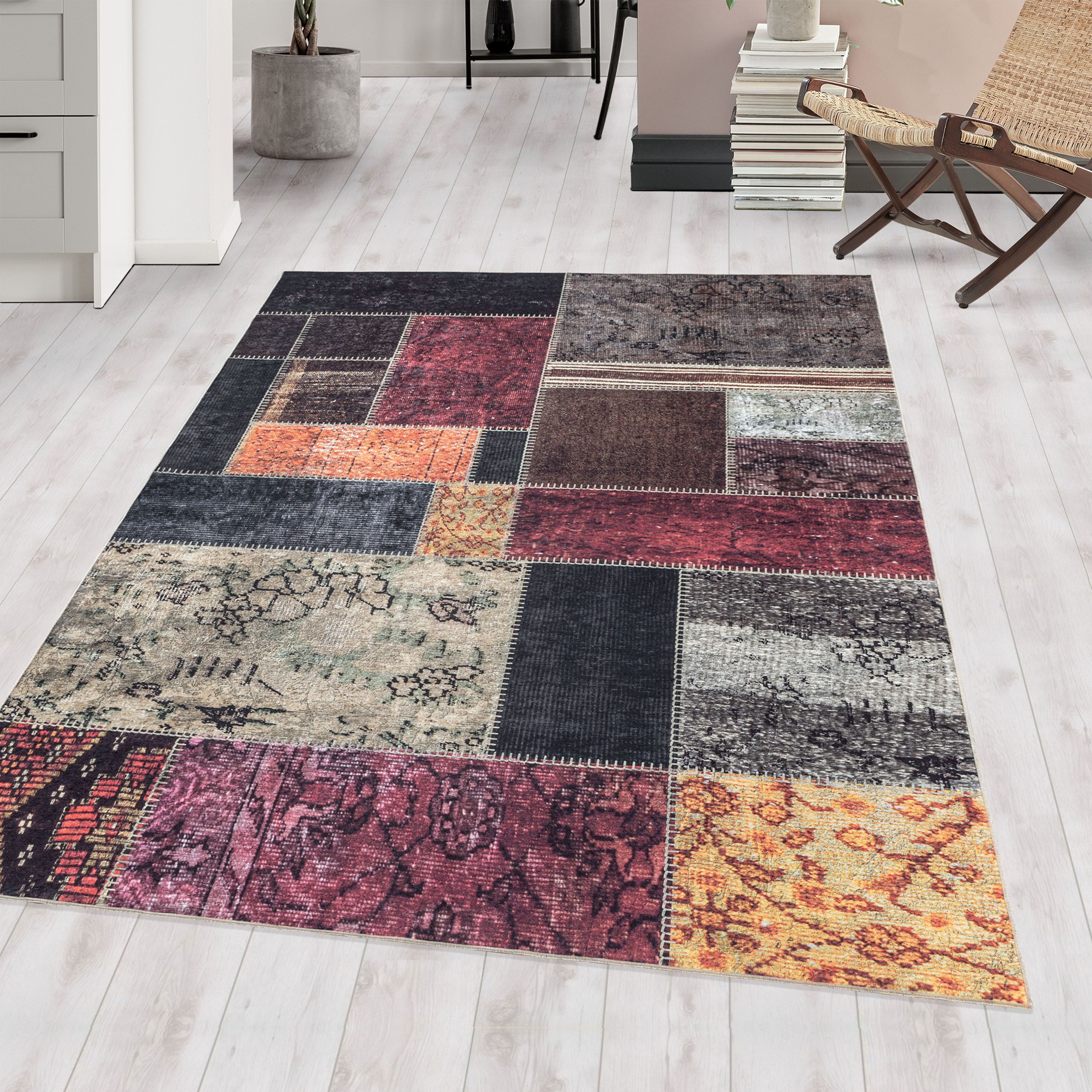 Tapis lavable salon tissage plat design patchwork robuste antidérapant