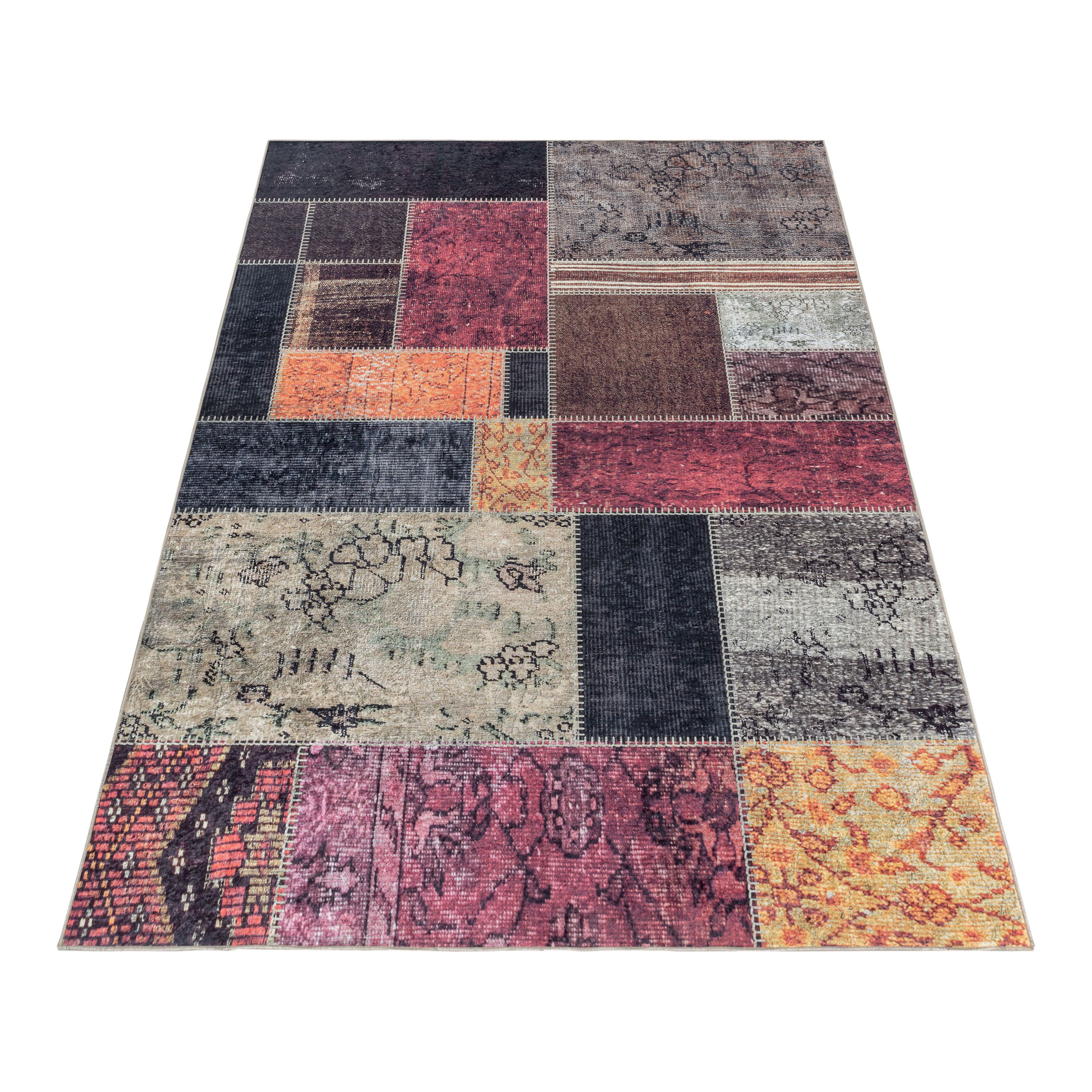 Waschbarer Teppich Wohnzimmer Flachgewebe Robust Patchwork Design Rutschfest