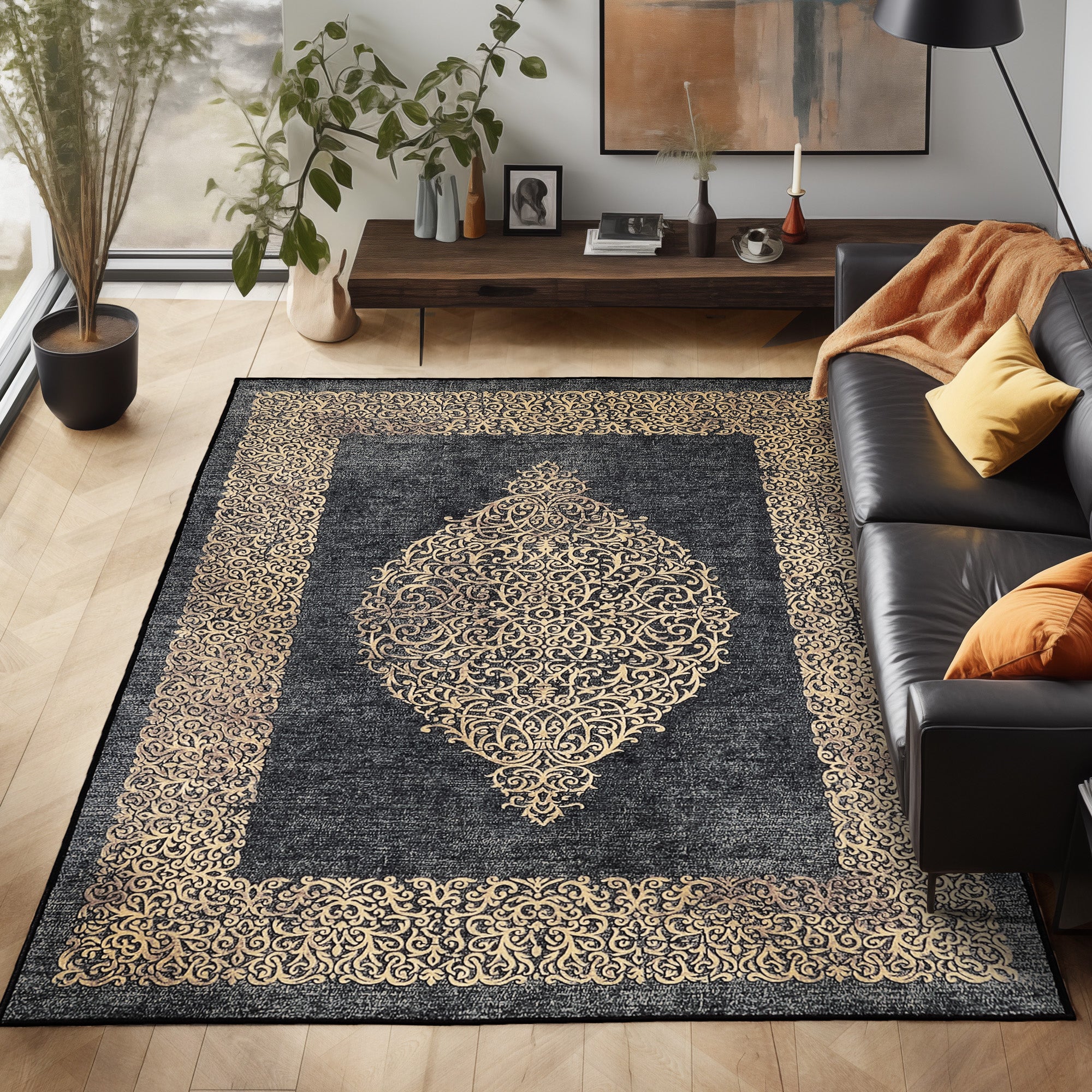 Waschbarer Teppich Wohnzimmer Flachgewebe Robust Barock Design Rutschfest