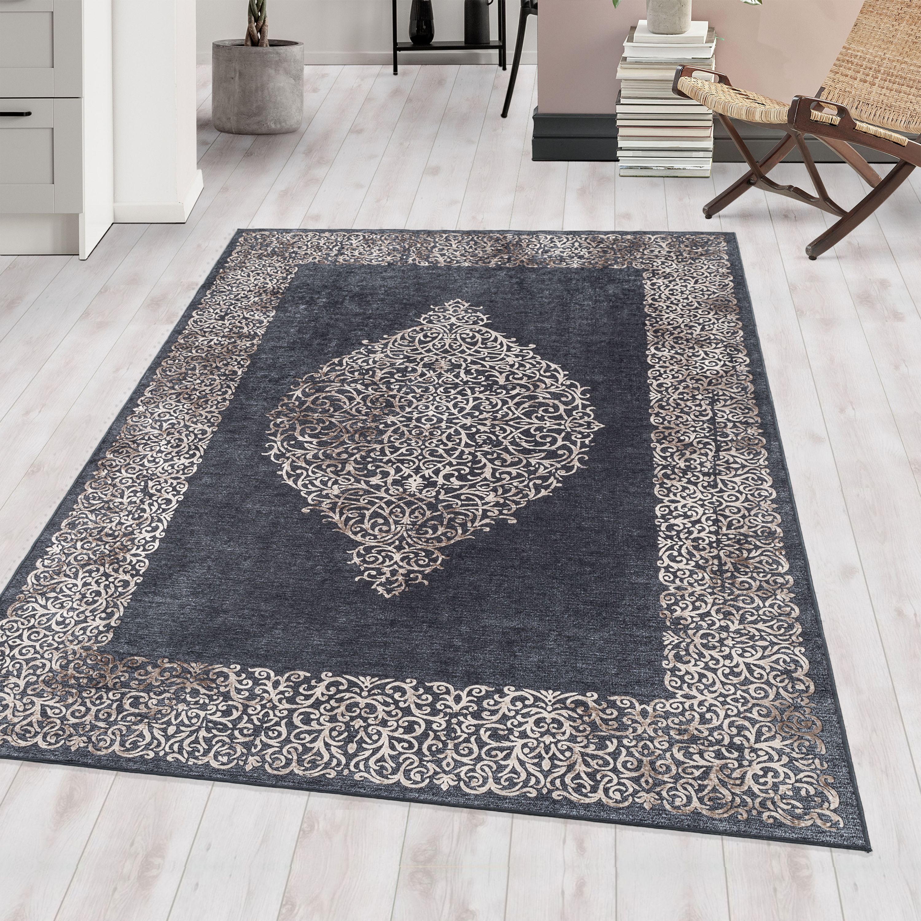 Tapis lavable salon tissage plat robuste design baroque antidérapant