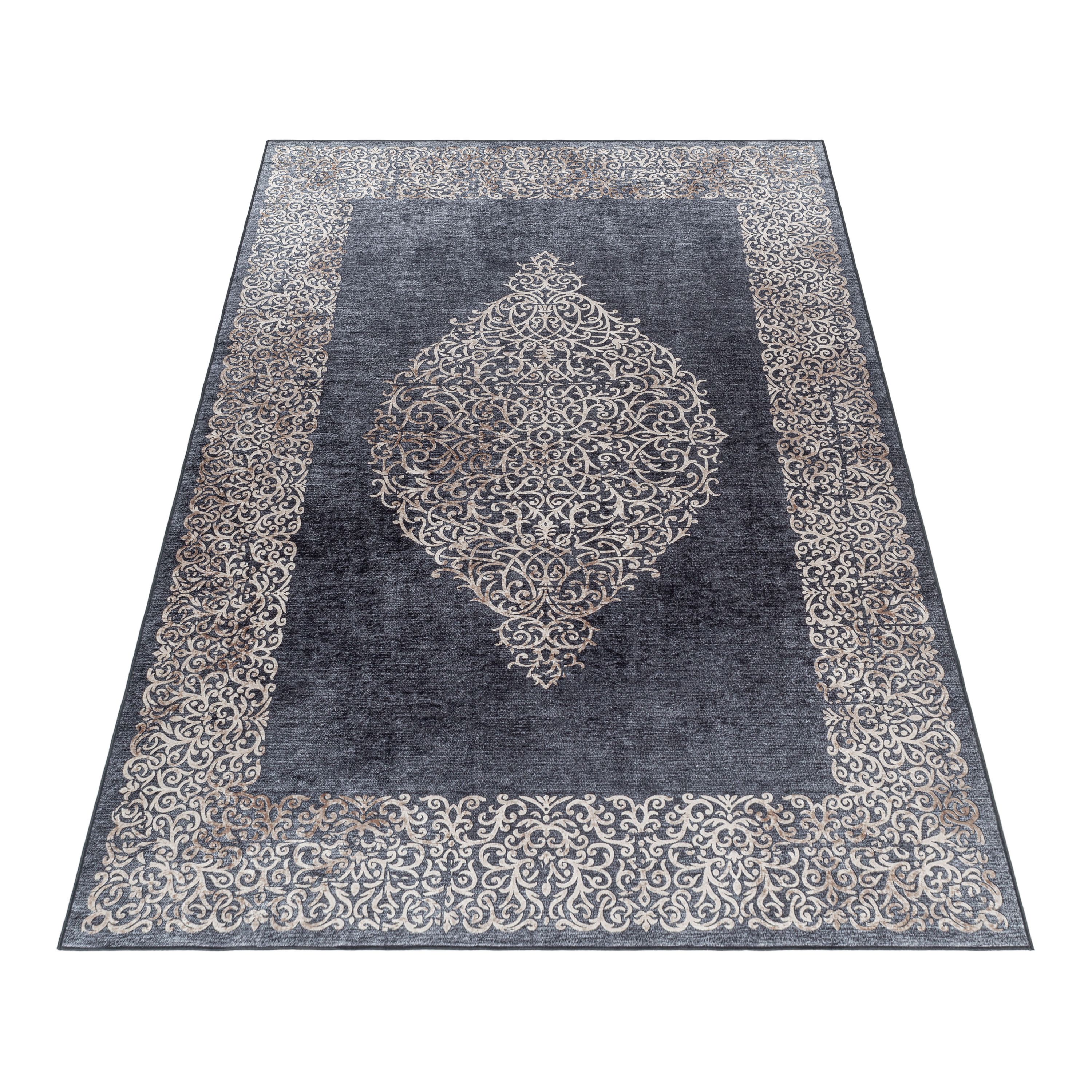 Tapis lavable salon tissage plat robuste design baroque antidérapant