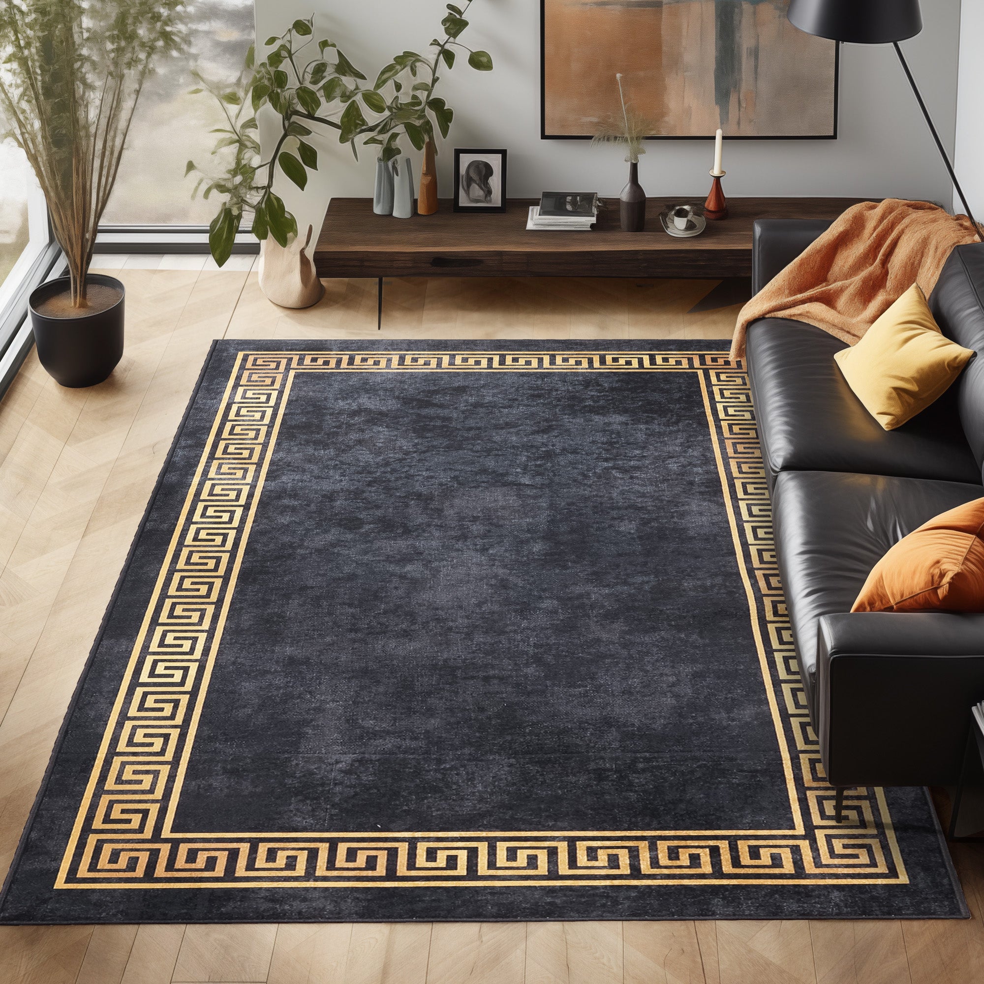 Waschbarer Teppich Wohnzimmer Flachgewebe Robust Mäander Design Rutschfest