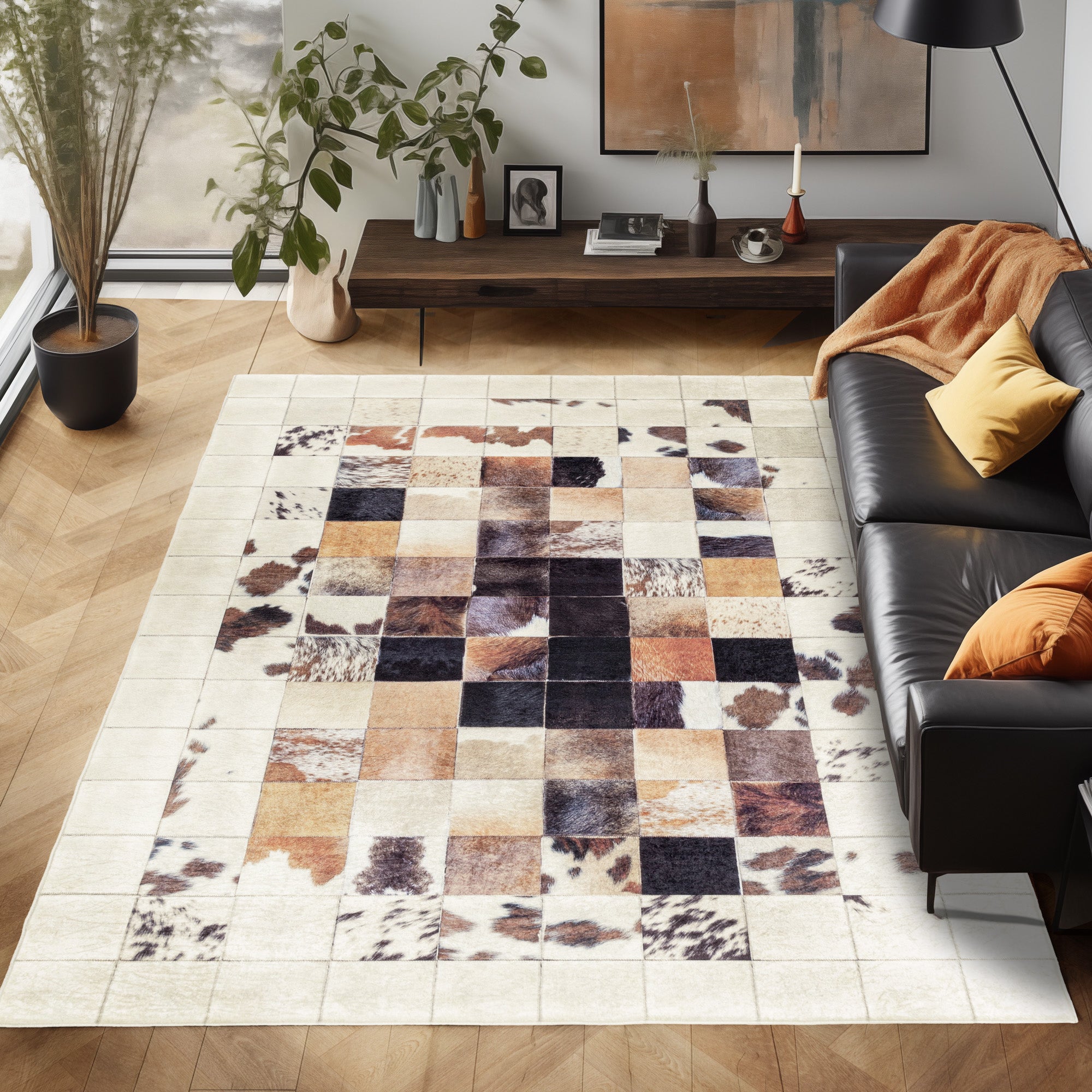 Waschbarer Teppich Wohnzimmer Flachgewebe Robust Patchwork Design Rutschfest