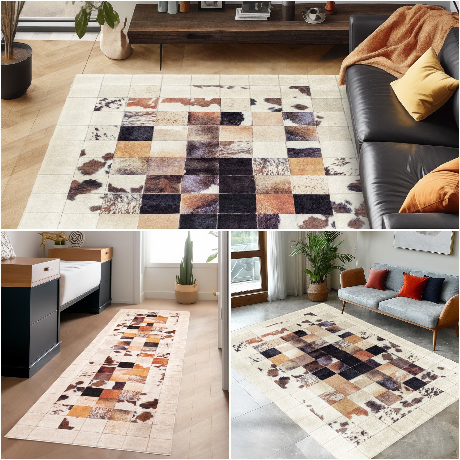 Waschbarer Teppich Wohnzimmer Flachgewebe Robust Patchwork Design Rutschfest