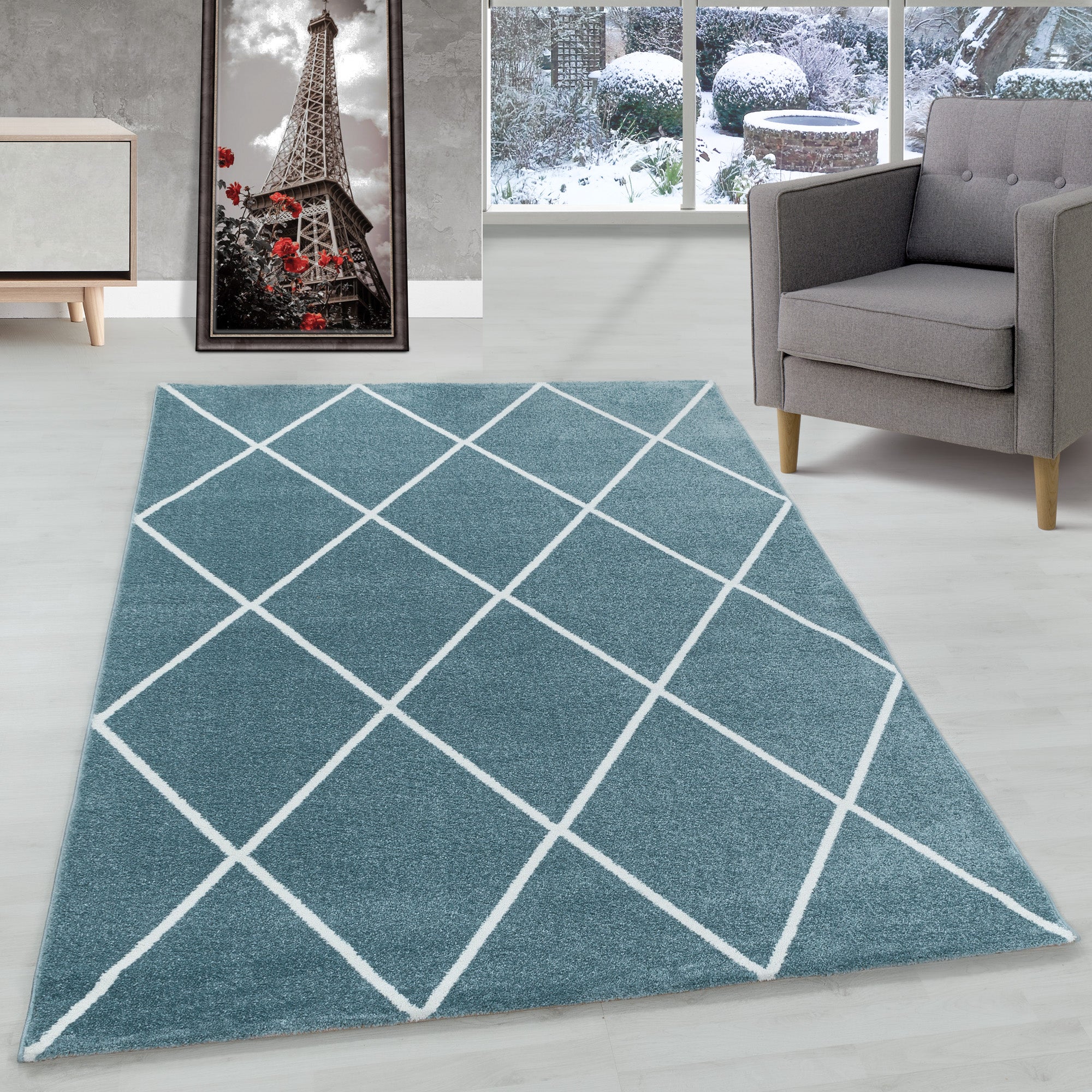 Modern Designer Kurzflor Teppich Wohnzimmer Geometrisch Design Robust
