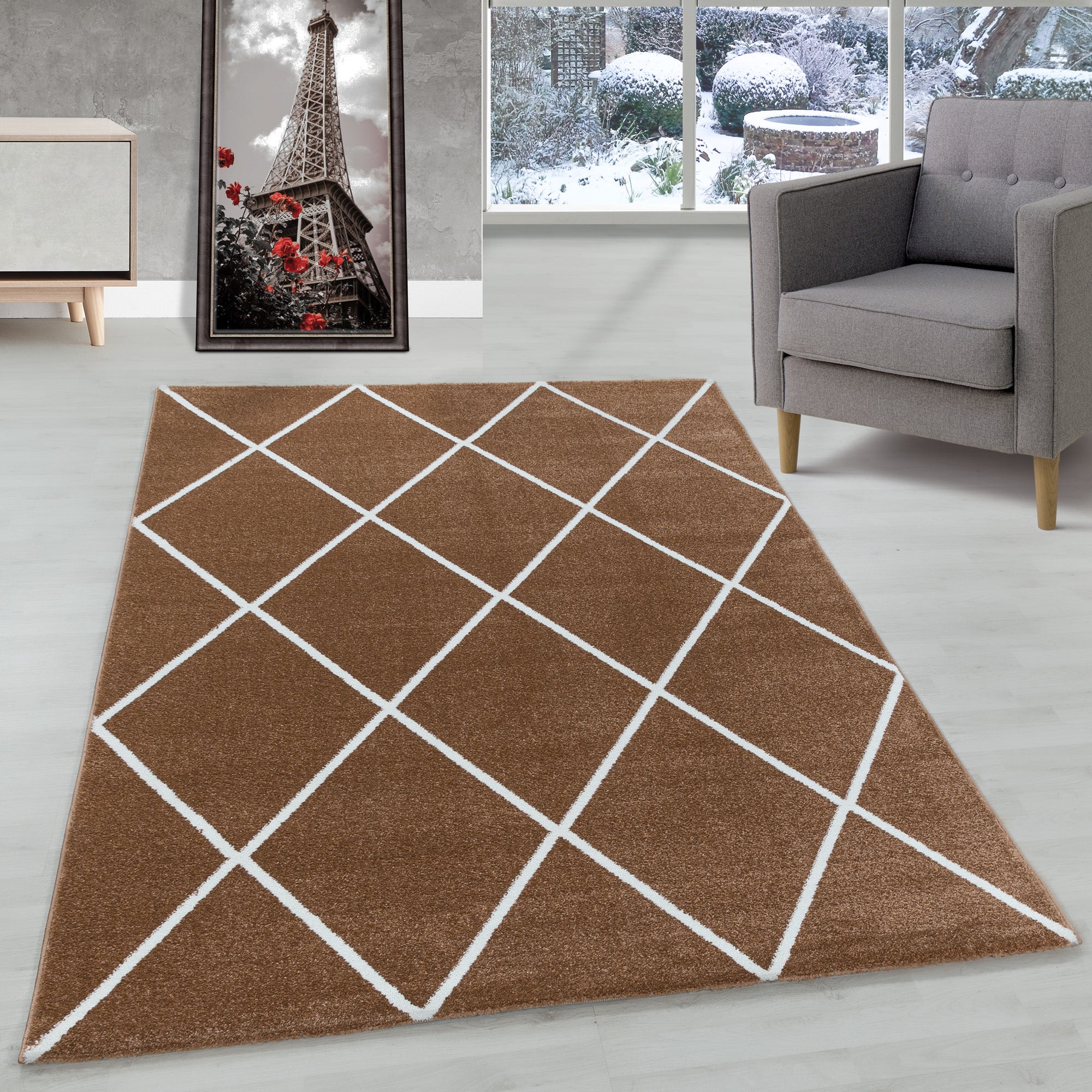 Modern Designer Kurzflor Teppich Wohnzimmer Geometrisch Design Robust