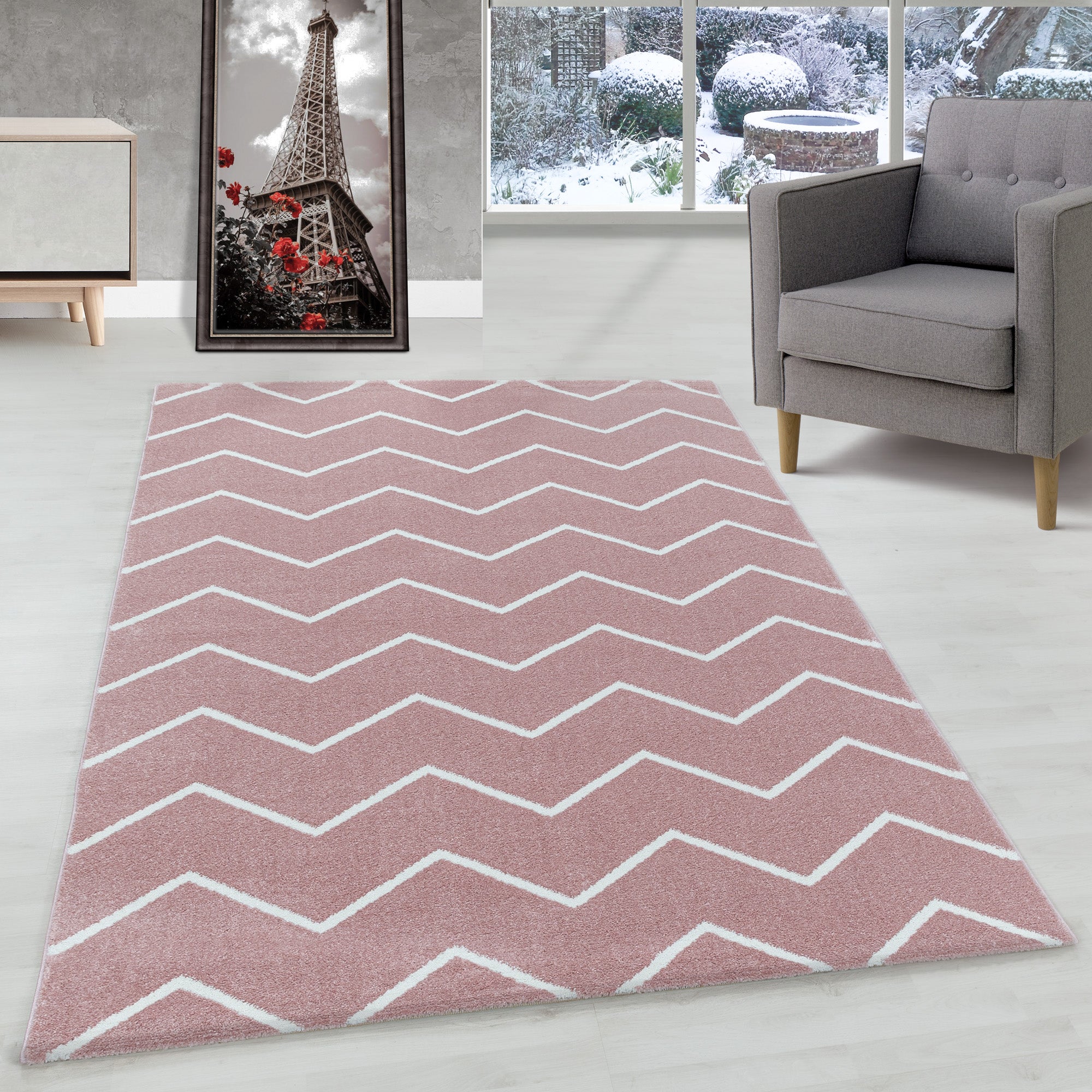 Modern Designer Kurzflor Teppich Wohnzimmer Chevron Design Robust Pflegeleicht