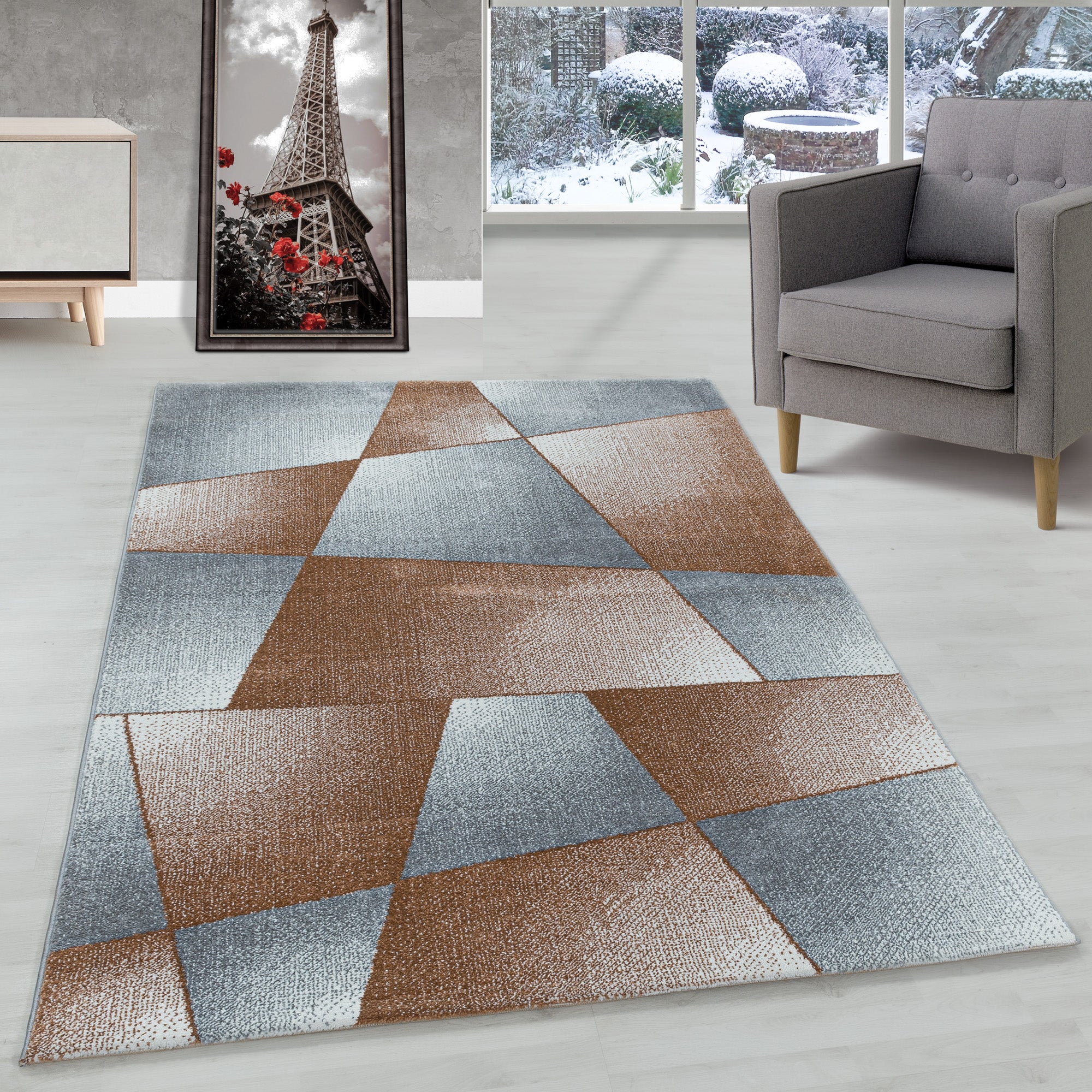 Modern designer short pile rug for living room, abstract design, robust, easy to care for