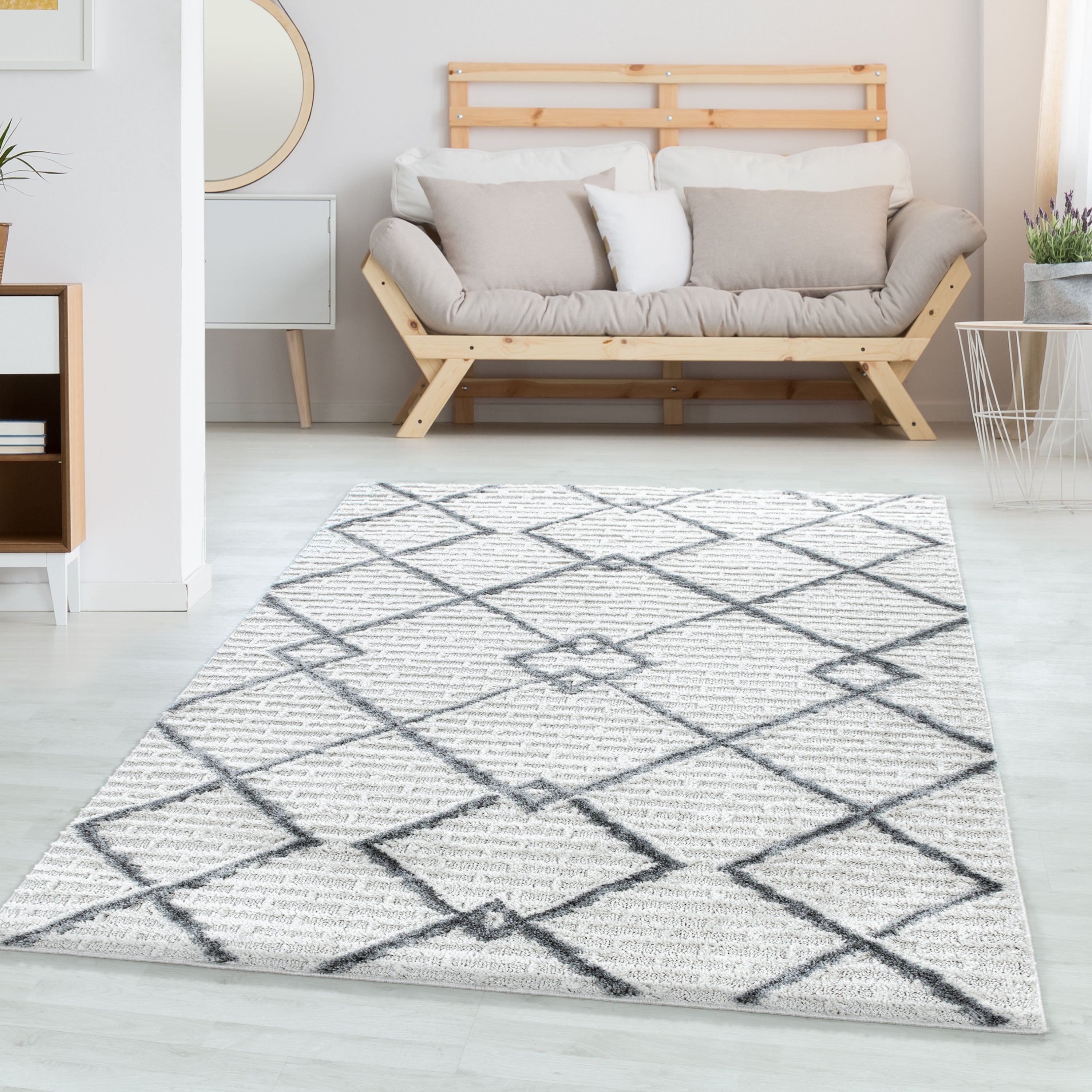 Teppich Wohnzimmer Boho Design Hoch-Tief Effekt 3D Optik Skandinavische Stil