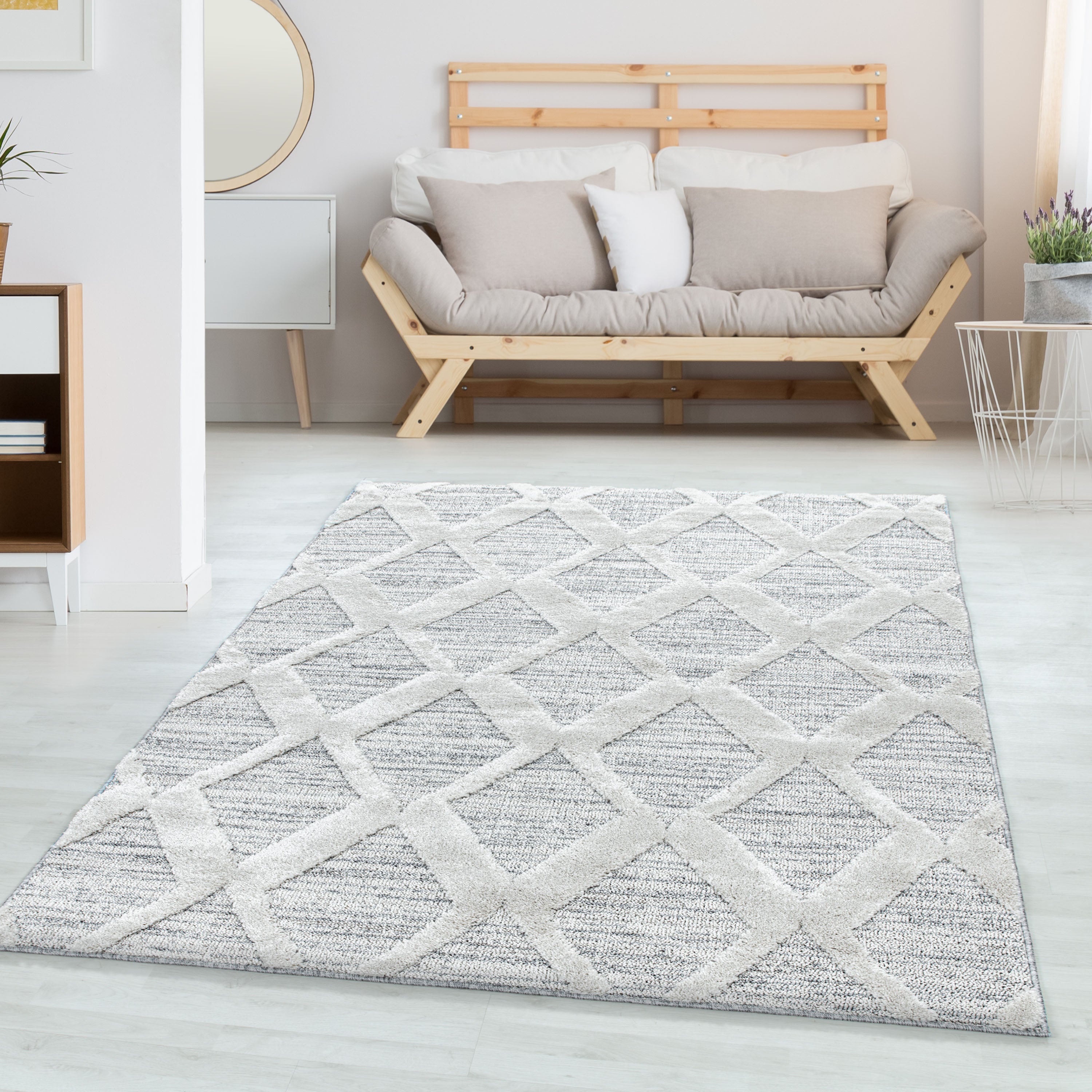 Teppich Wohnzimmer Boho Design Hoch-Tief Effekt 3D Optik Skandinavische Stil