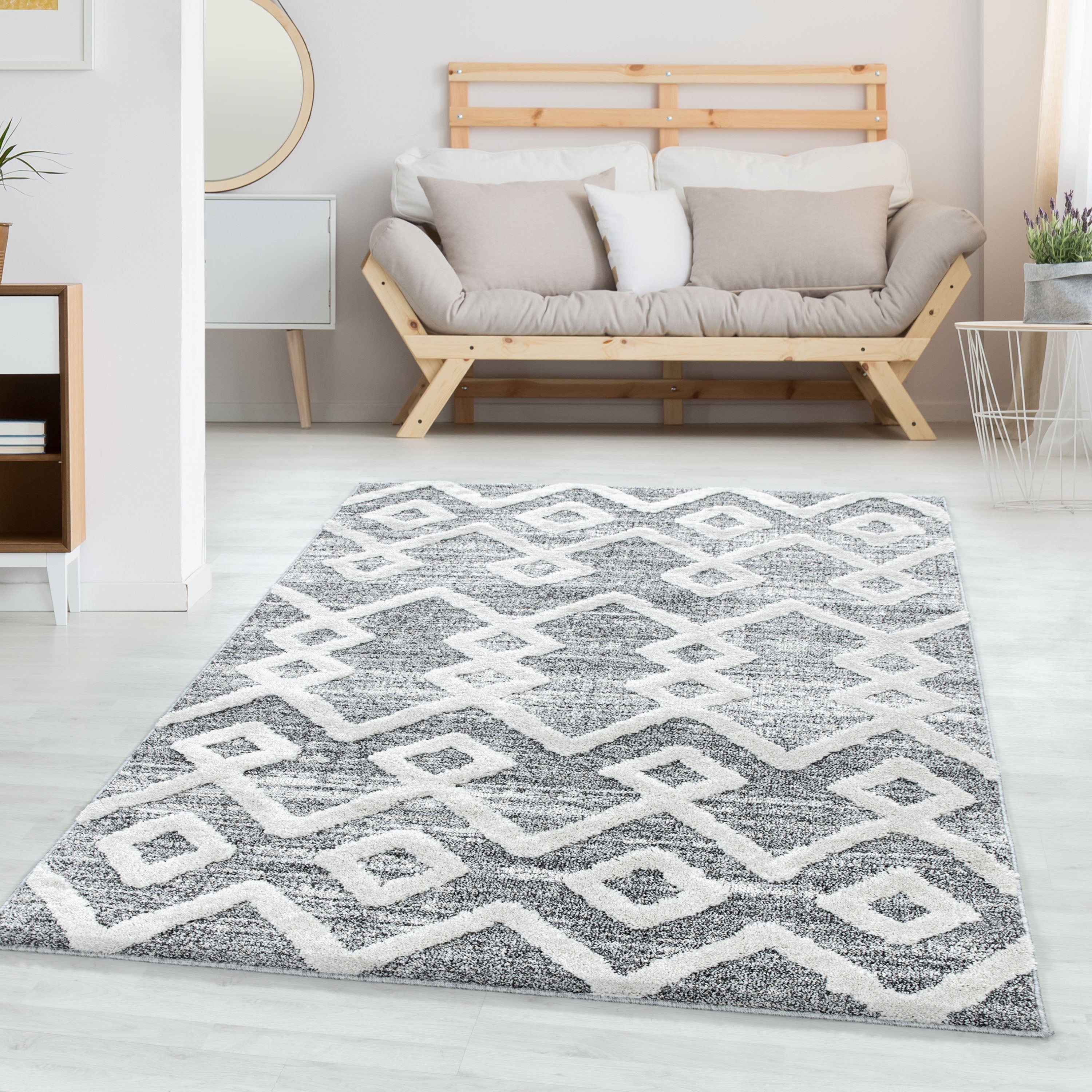Teppich Wohnzimmer Boho Design Hoch-Tief Effekt 3D Optik Skandinavische Stil