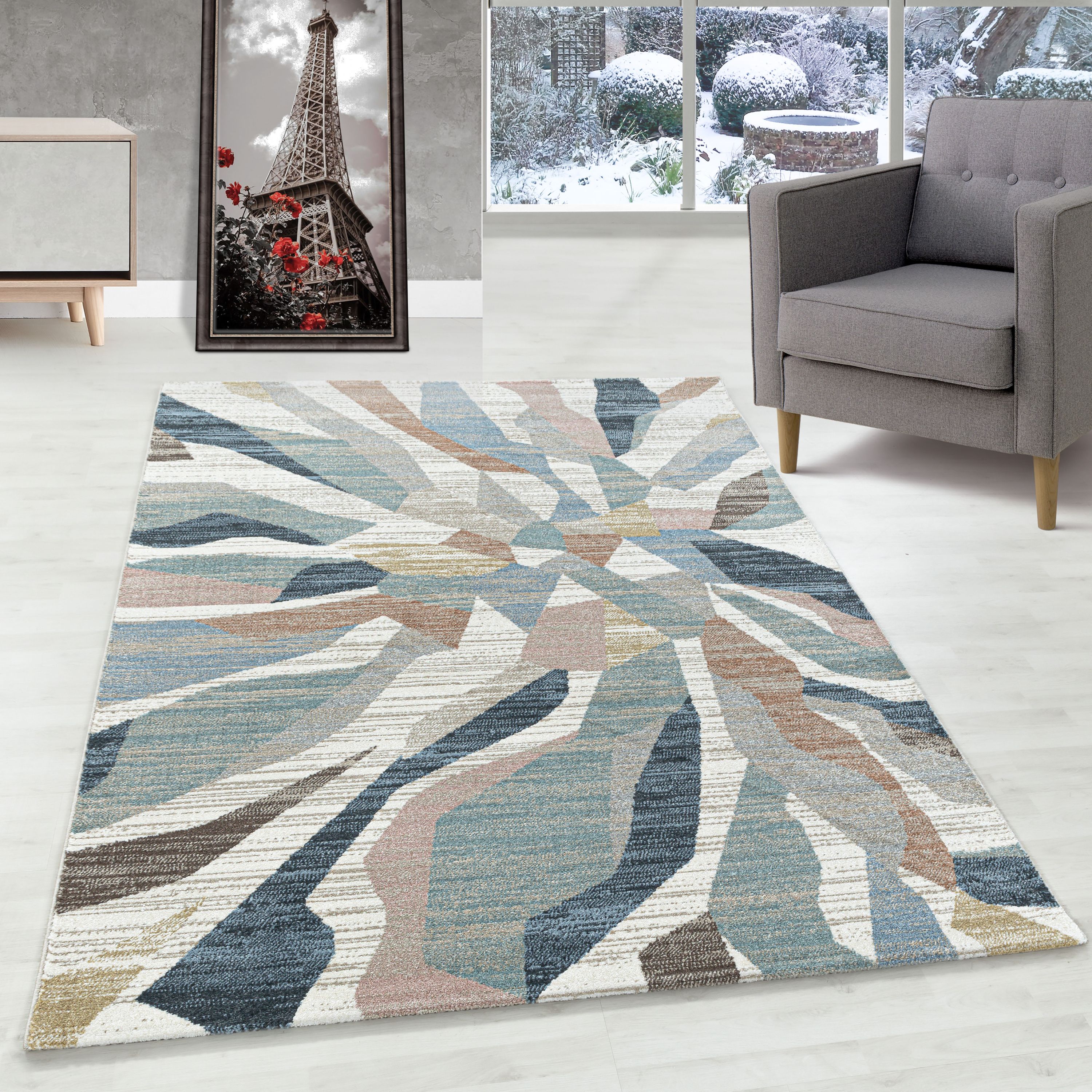 Kurzflor Teppich Wohnzimmer Modern Design Vintage-Stil Weich Pflegeleicht