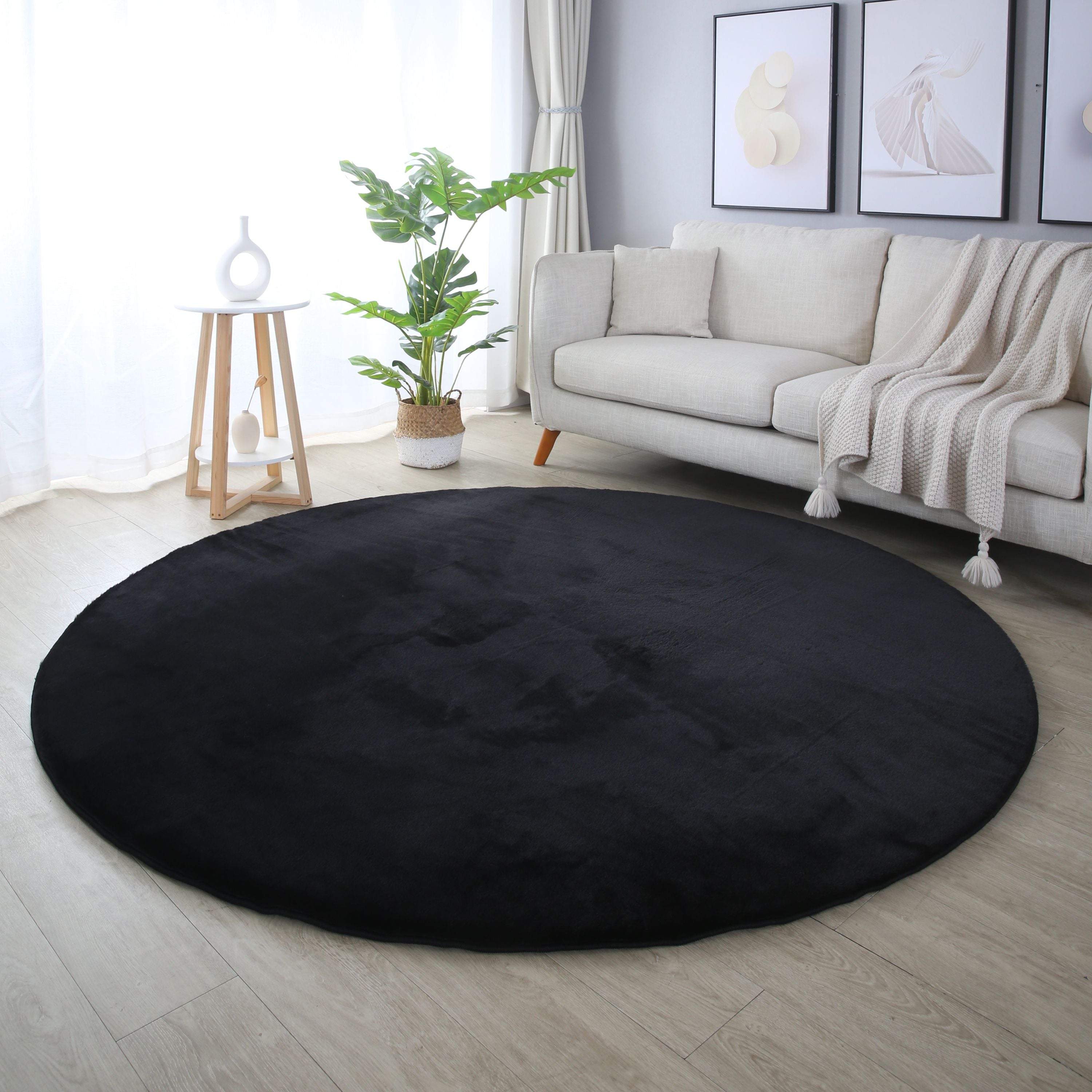 Tapis rond salon chambre uni fausse fourrure moelleux doux