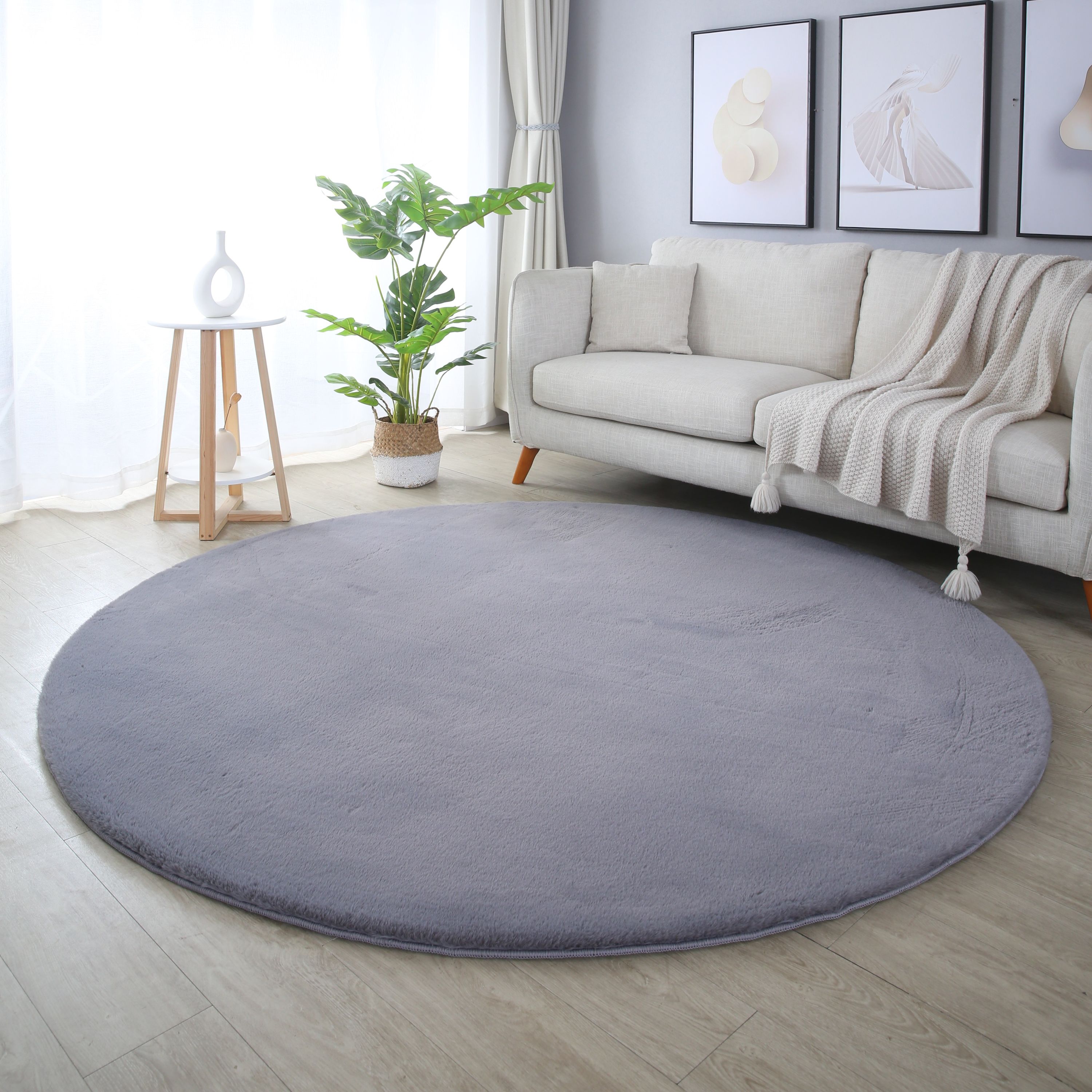 Tapis rond salon chambre uni fausse fourrure moelleux doux