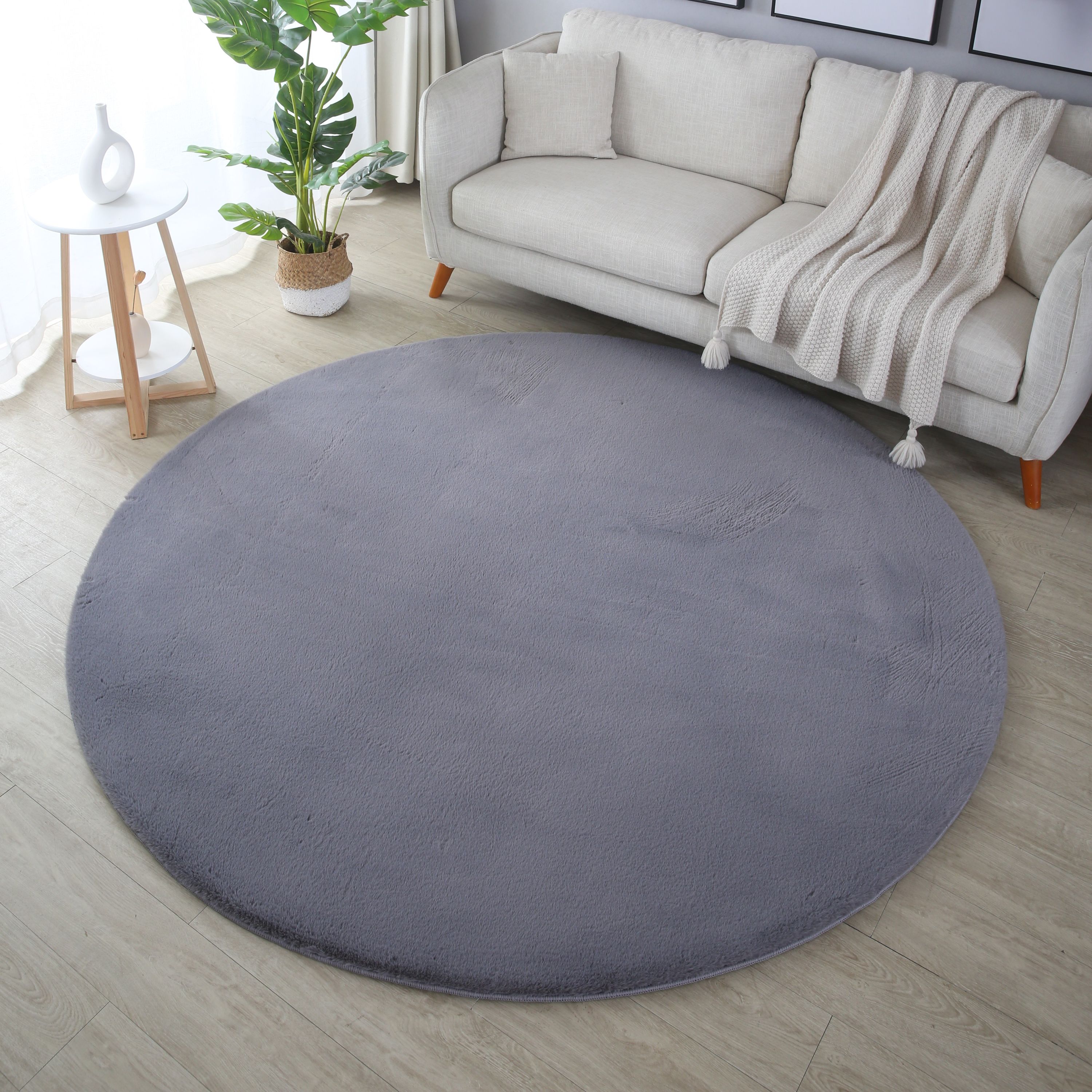 Tapis rond salon chambre uni fausse fourrure moelleux doux