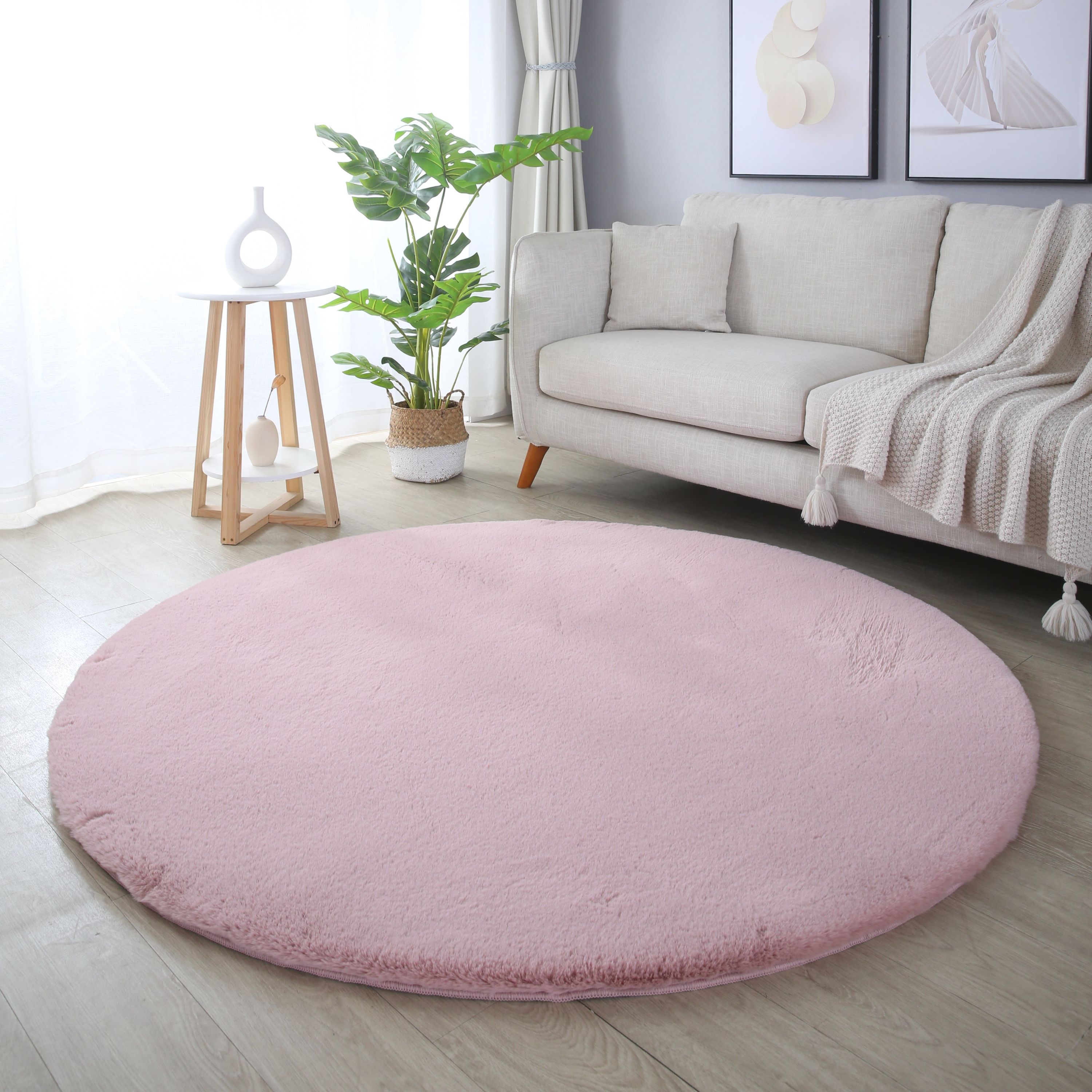 Tapis rond salon chambre uni fausse fourrure moelleux doux