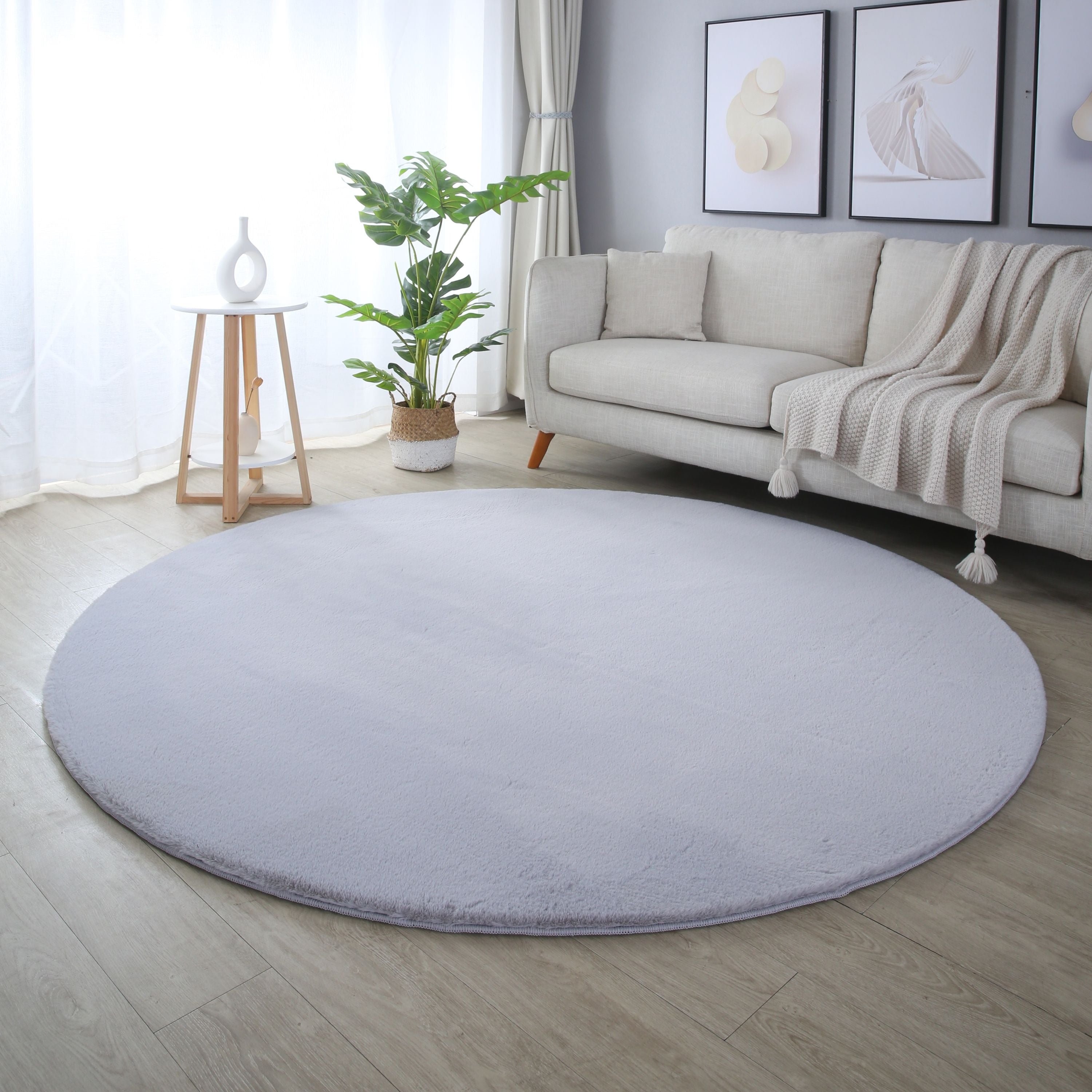 Runder Teppich Wohnzimmer Schlafzimmer Einfarbig Fellimitat flauschig weich