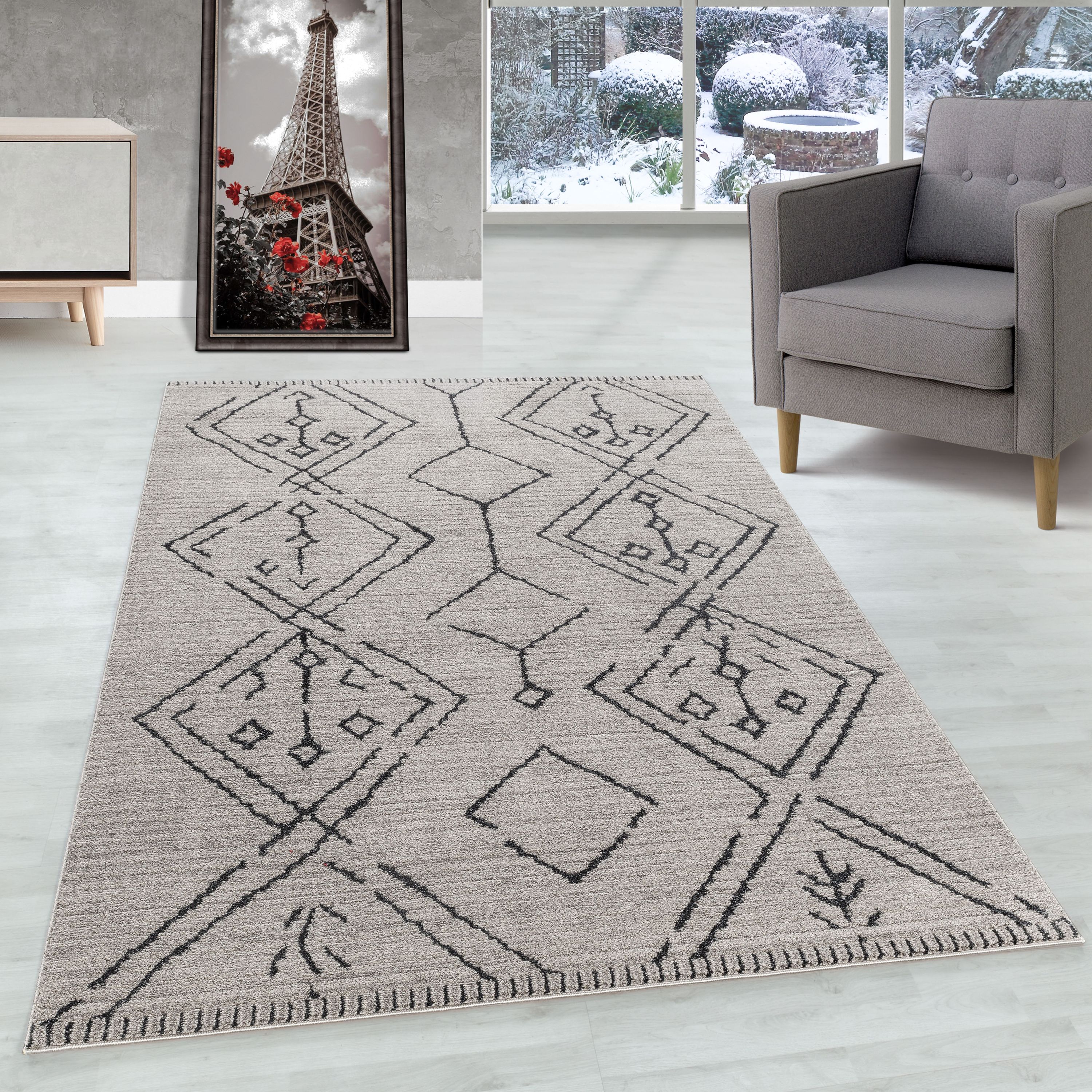 Kurzflor Teppich Wohnzimmer Boho Design Teppich Skandinavische Stil Natur Optik